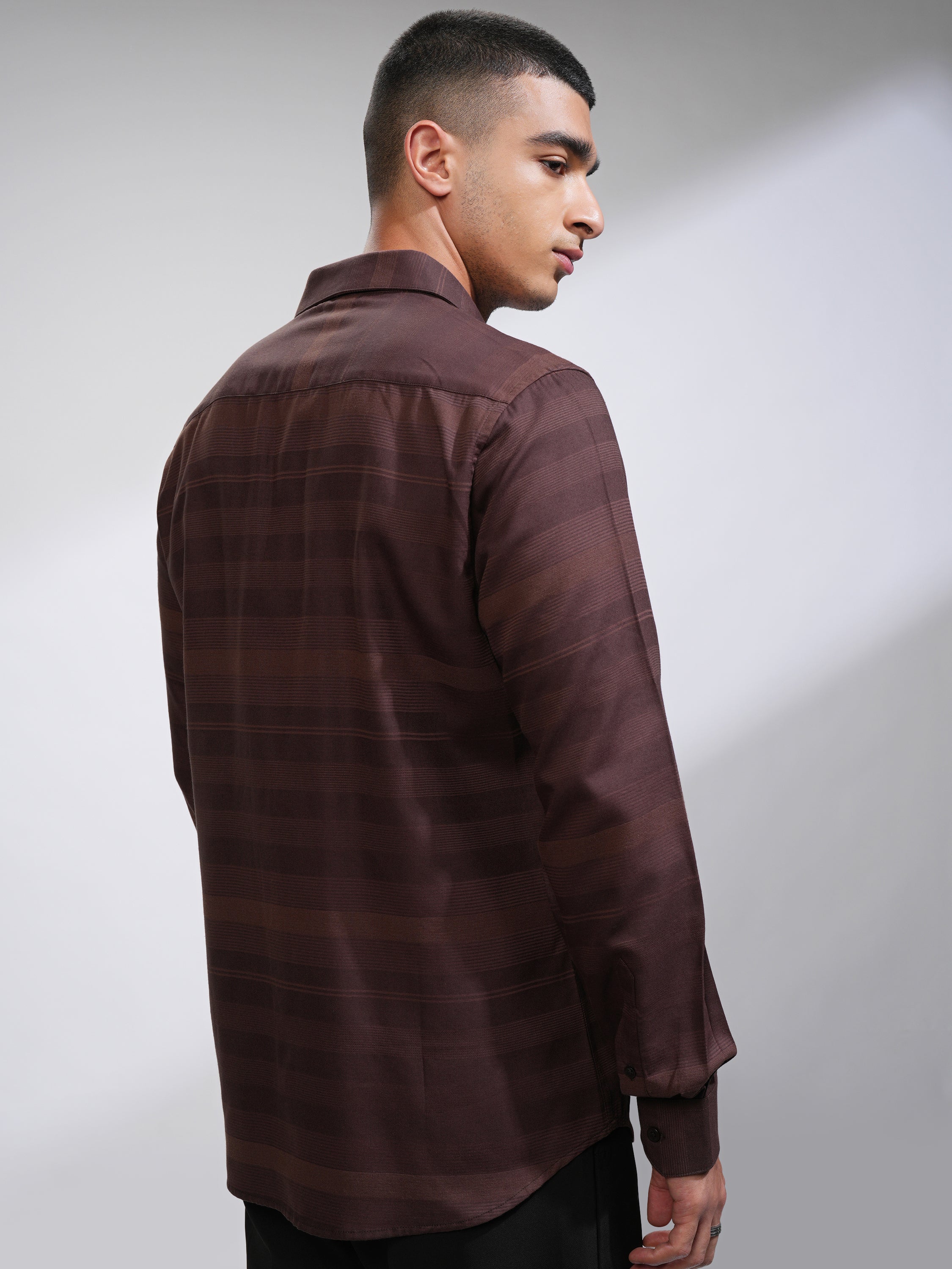 Highlander Men Coffee Brown Striped Slim Fit Casual Shirt - Coffee Brown - Image 3