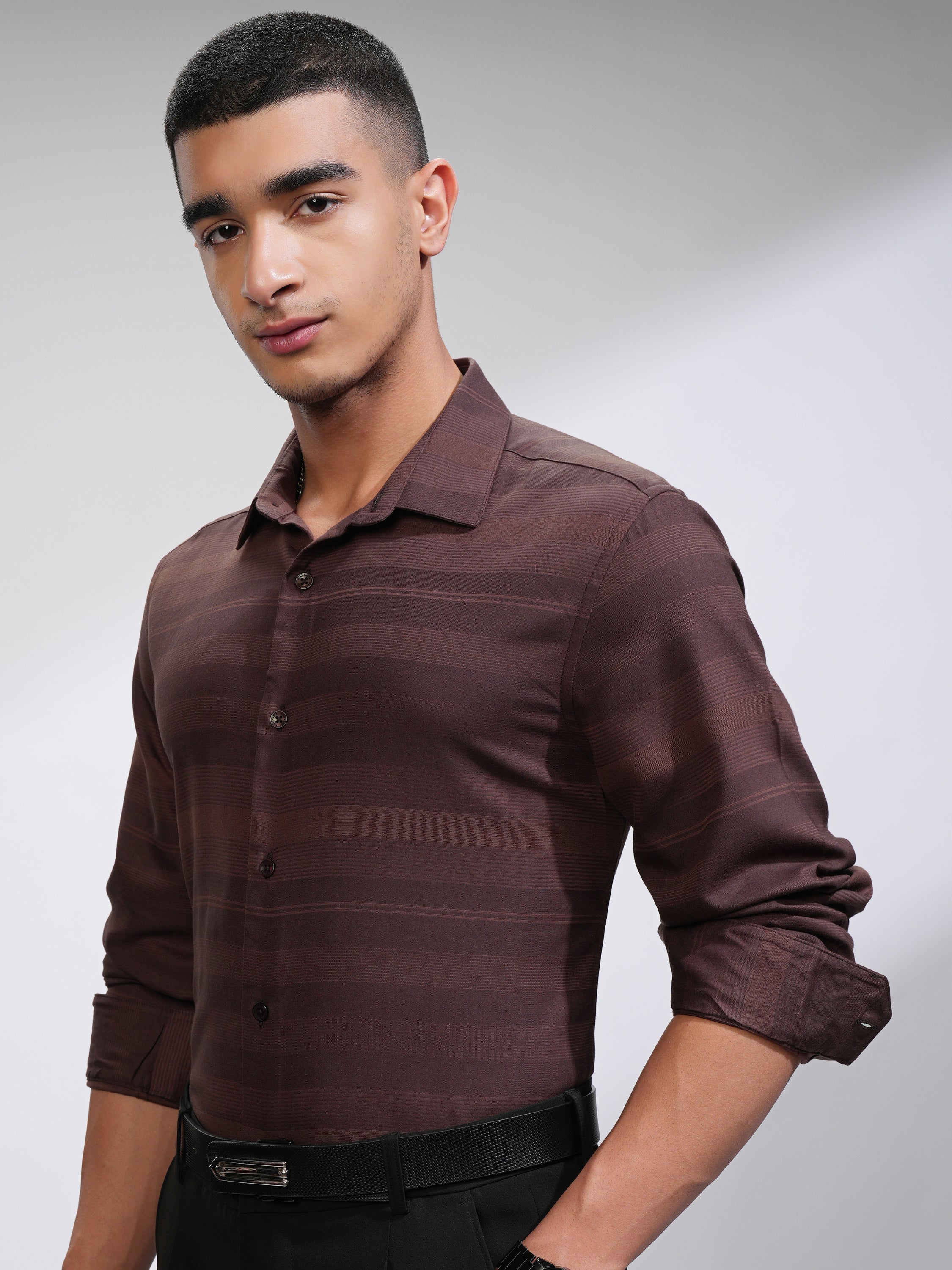 Highlander Men Coffee Brown Striped Slim Fit Casual Shirt - Coffee Brown - Image 4
