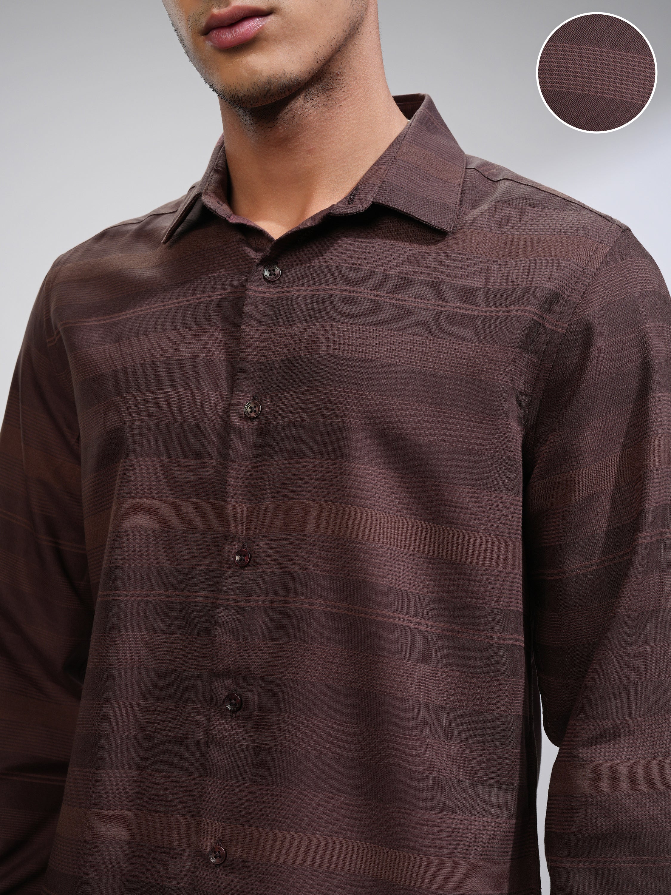 Highlander Men Coffee Brown Striped Slim Fit Casual Shirt - Coffee Brown - Image 5