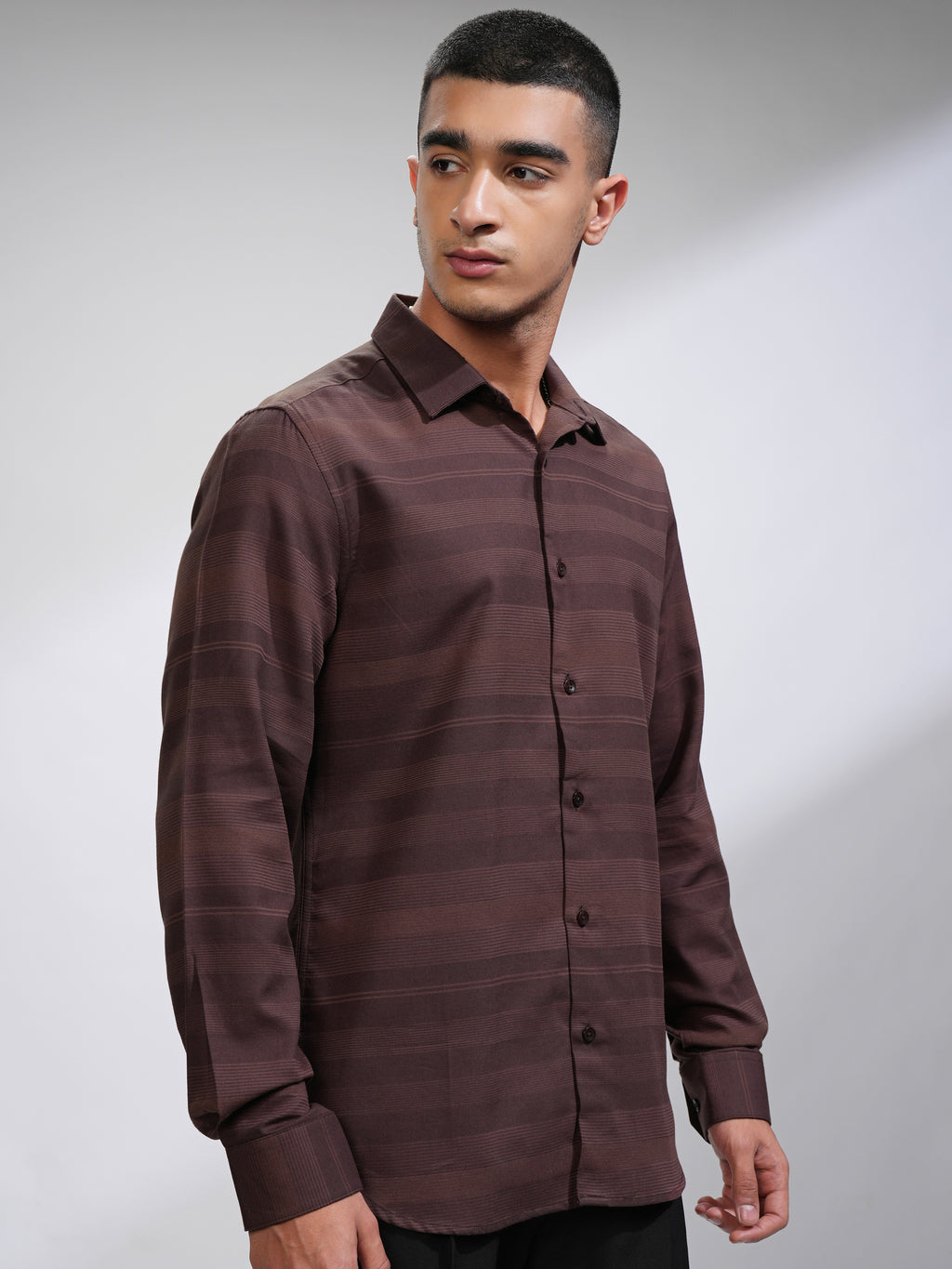Highlander Men Coffee Brown Striped Slim Fit Casual Shirt - Coffee Brown - Image 6
