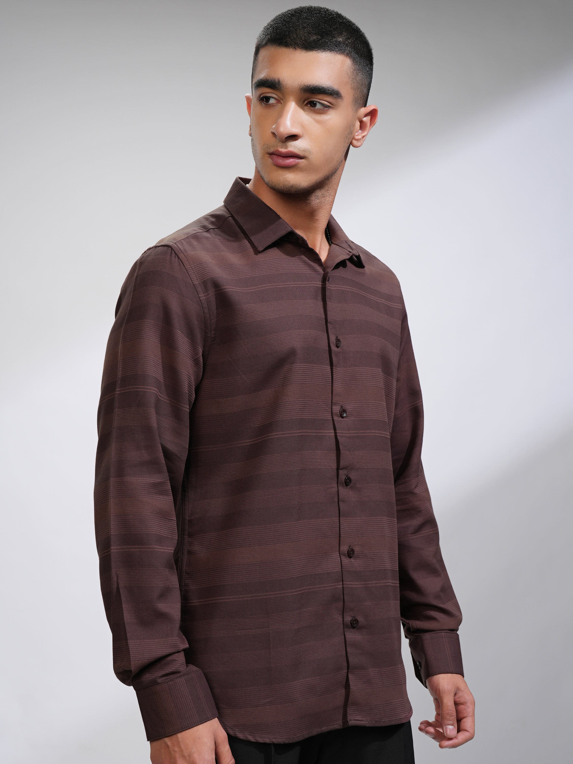Highlander Men Coffee Brown Striped Slim Fit Casual Shirt - Coffee Brown - Image 6