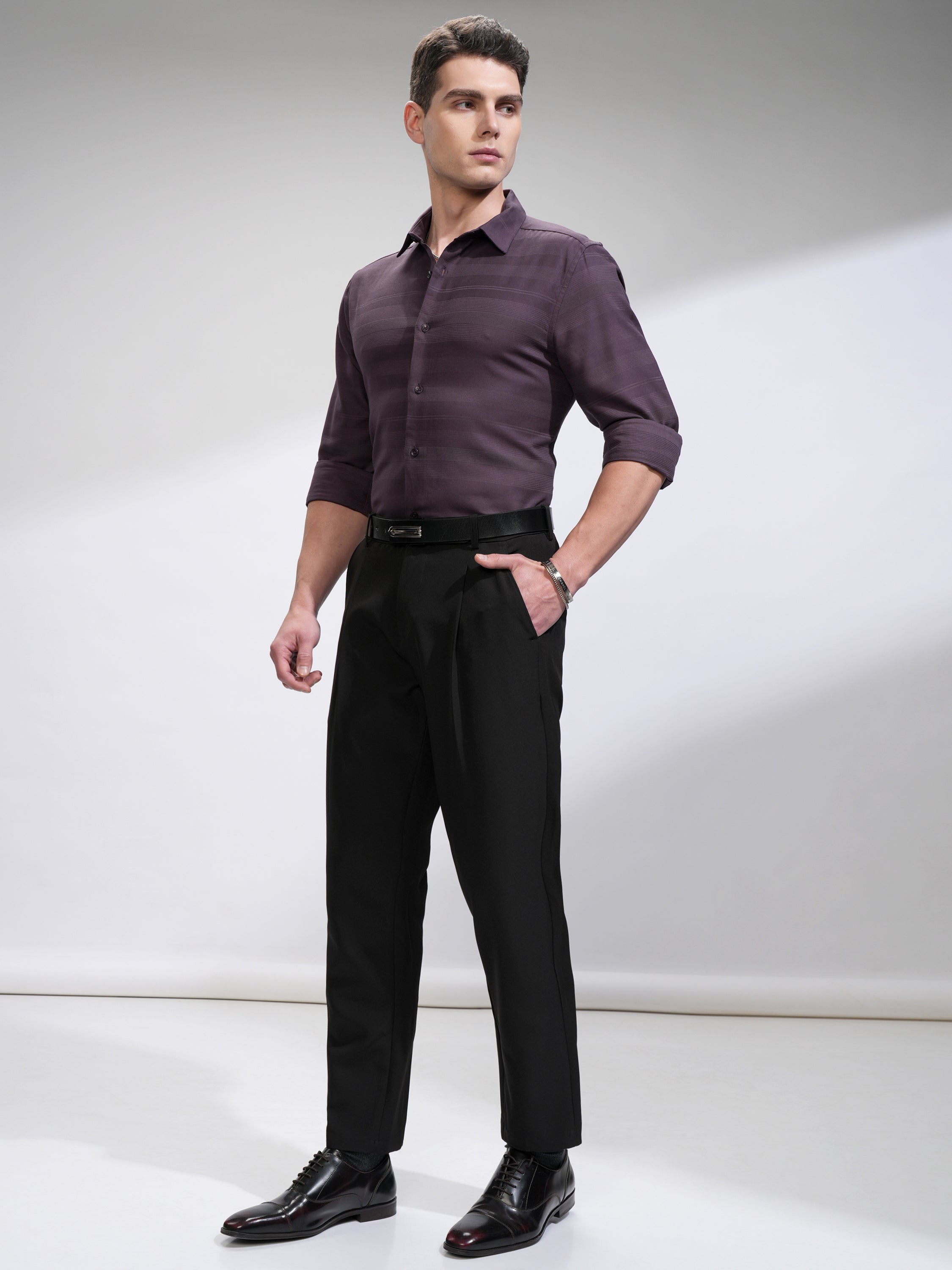 Highlander Men Purple Striped Slim Fit Casual Shirt - Purple - Image 2
