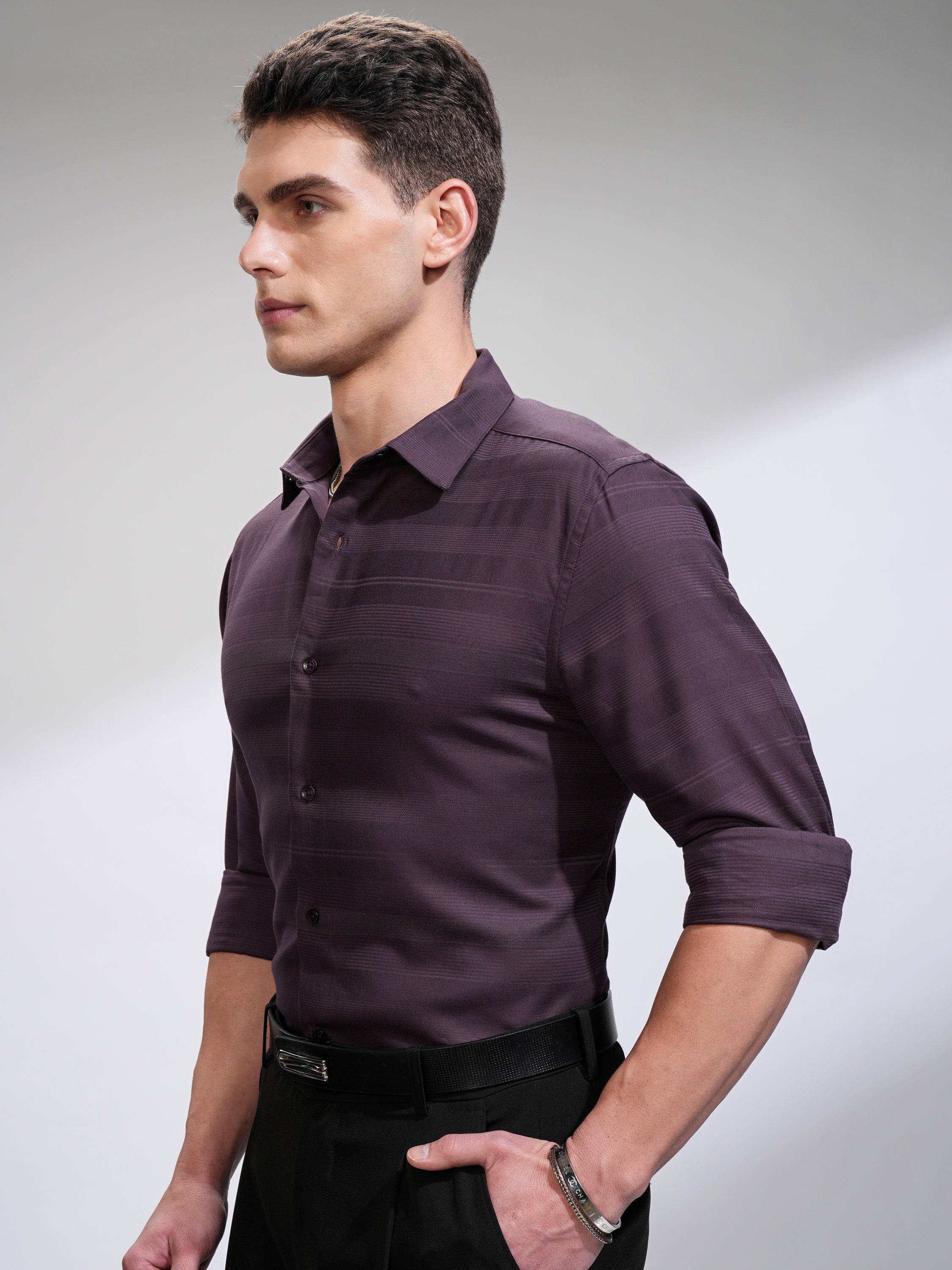 Highlander Men Purple Striped Slim Fit Casual Shirt - Purple - Image 4