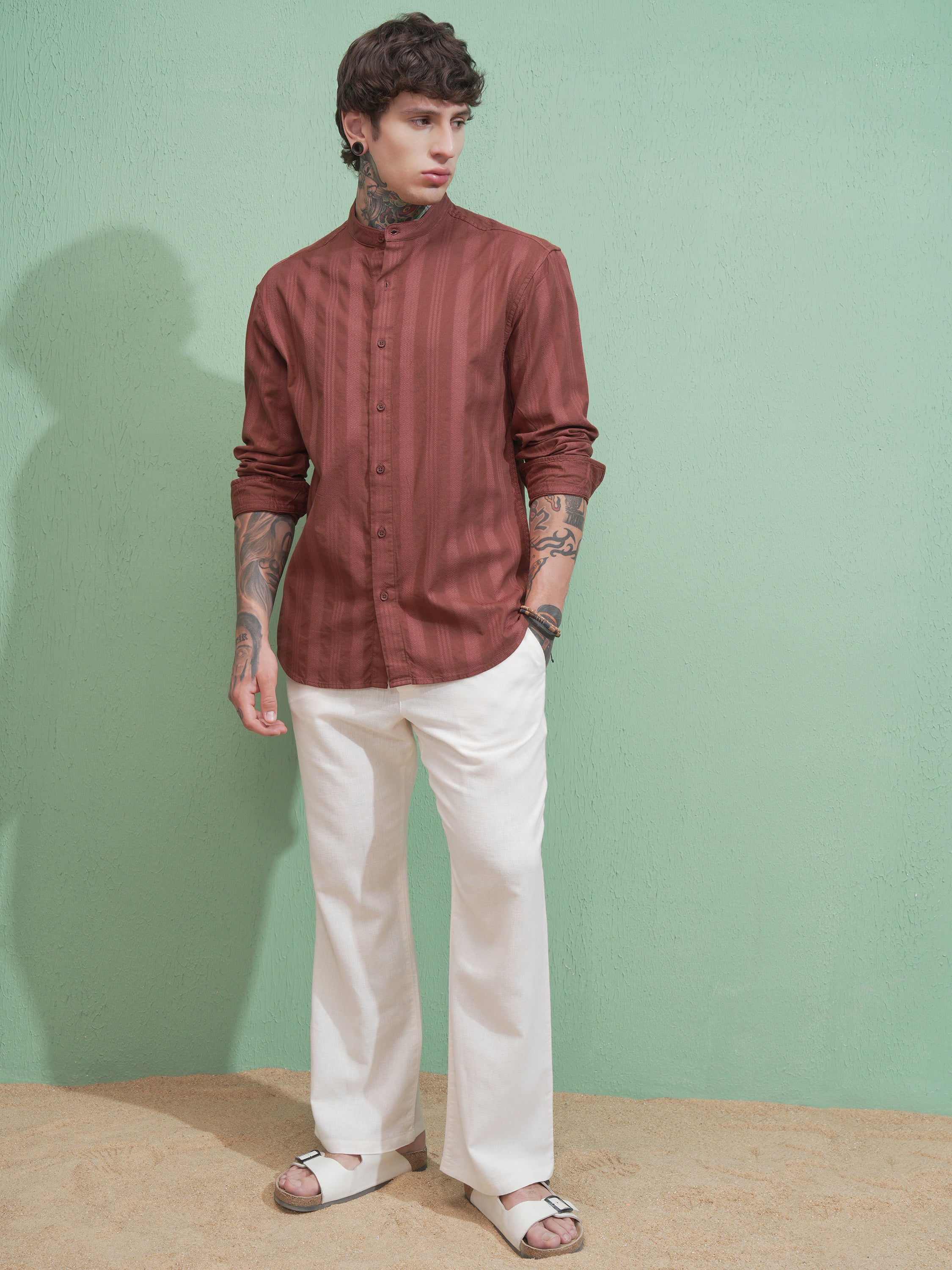 Highlander Men Brown Striped Relaxed Fit Casual Shirt - Brown - Image 2