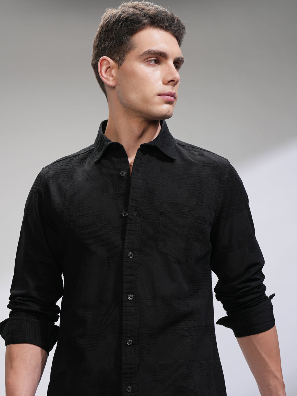 Highlander Men Black Textured Slim Fit Casual Shirt - Black - Image 1
