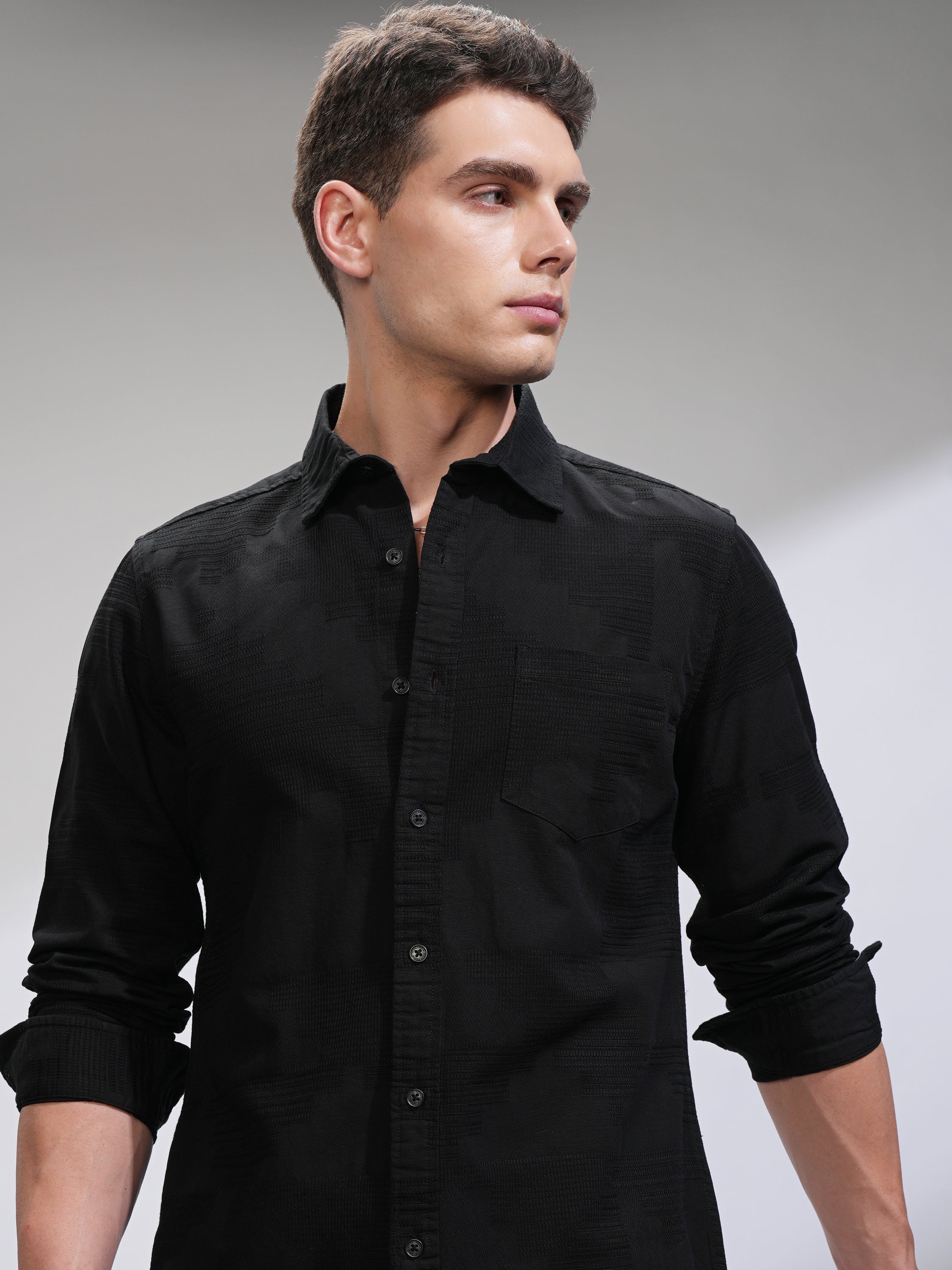 Highlander Men Black Textured Slim Fit Casual Shirt - Black - Image 1