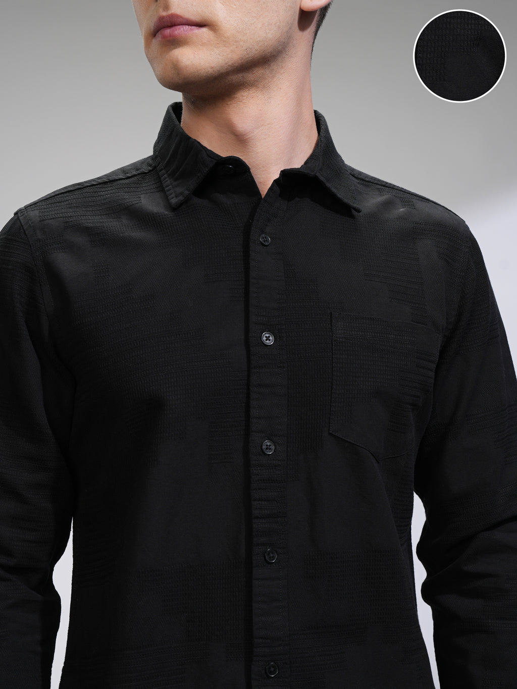 Highlander Men Black Textured Slim Fit Casual Shirt - Black - Image 5