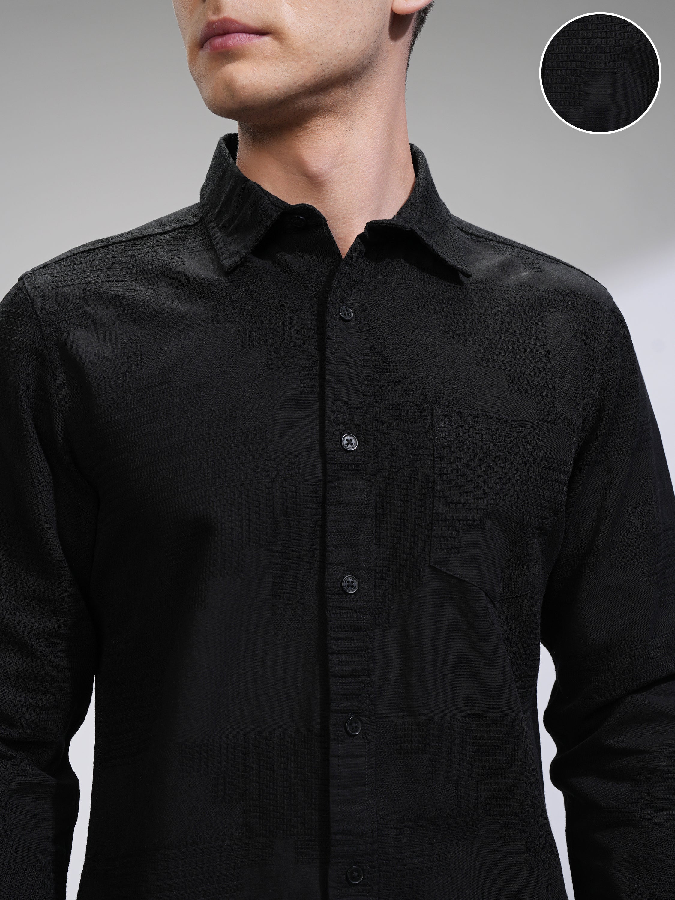 Highlander Men Black Textured Slim Fit Casual Shirt - Black - Image 5