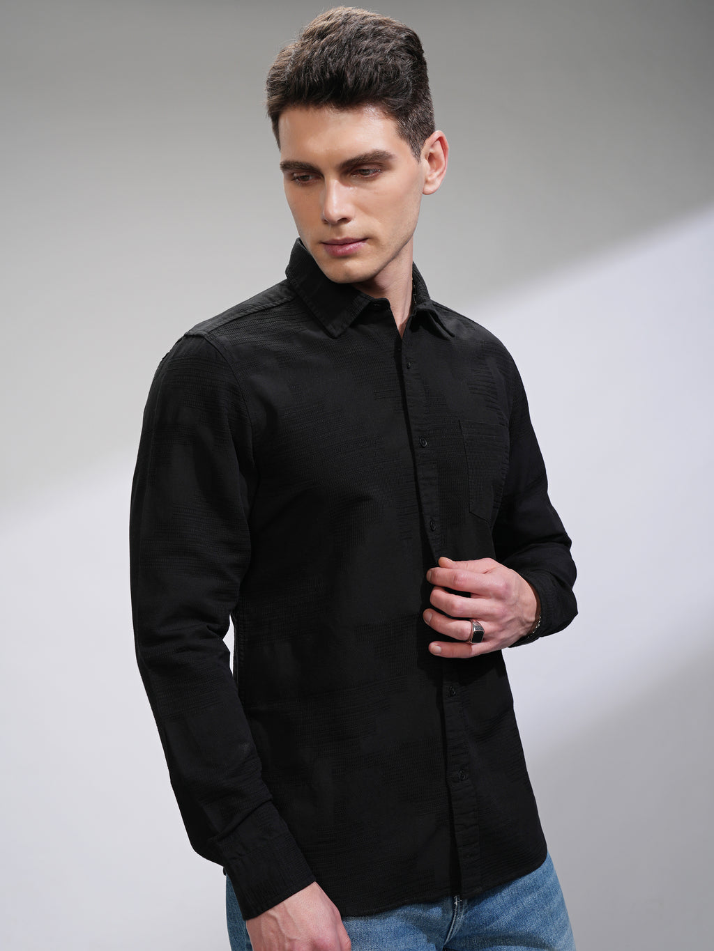 Highlander Men Black Textured Slim Fit Casual Shirt - Black - Image 6
