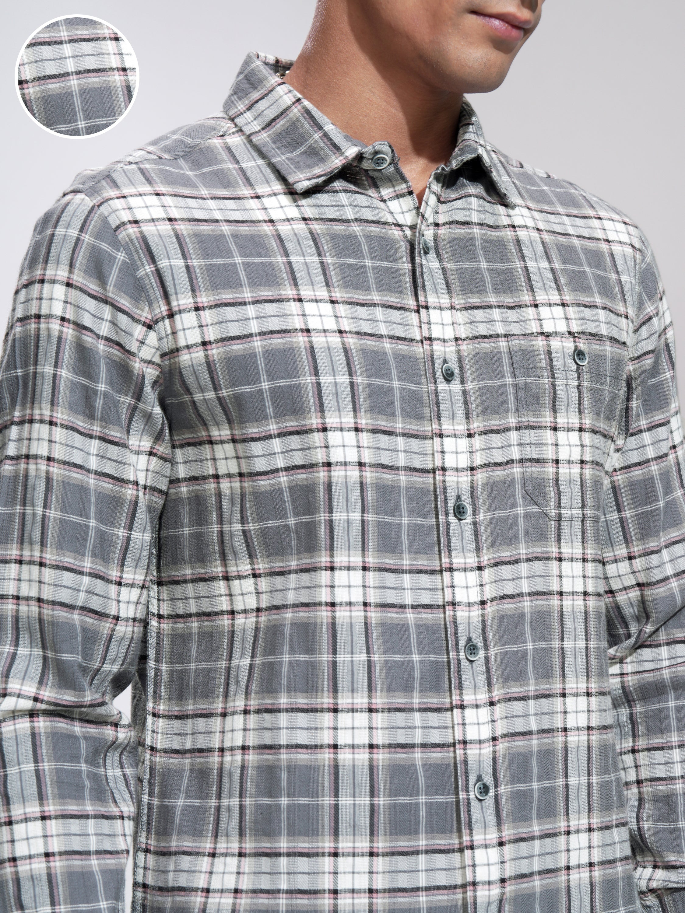 Highlander Men Grey Checked Slim Fit Casual Shirt - Grey - Image 5