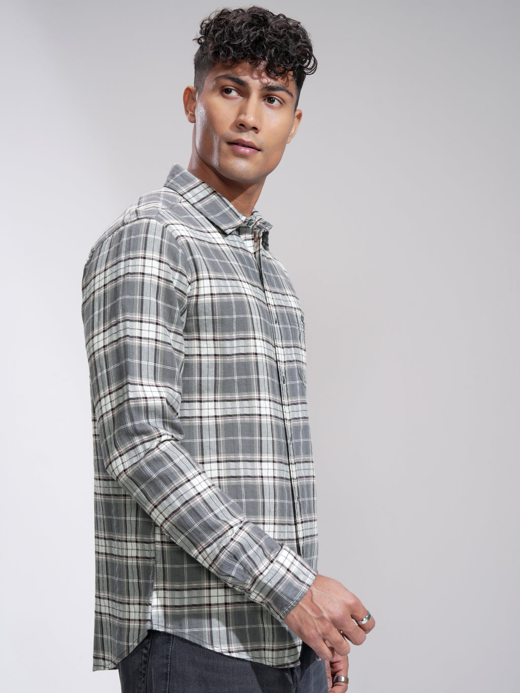 Highlander Men Grey Checked Slim Fit Casual Shirt - Grey - Image 6
