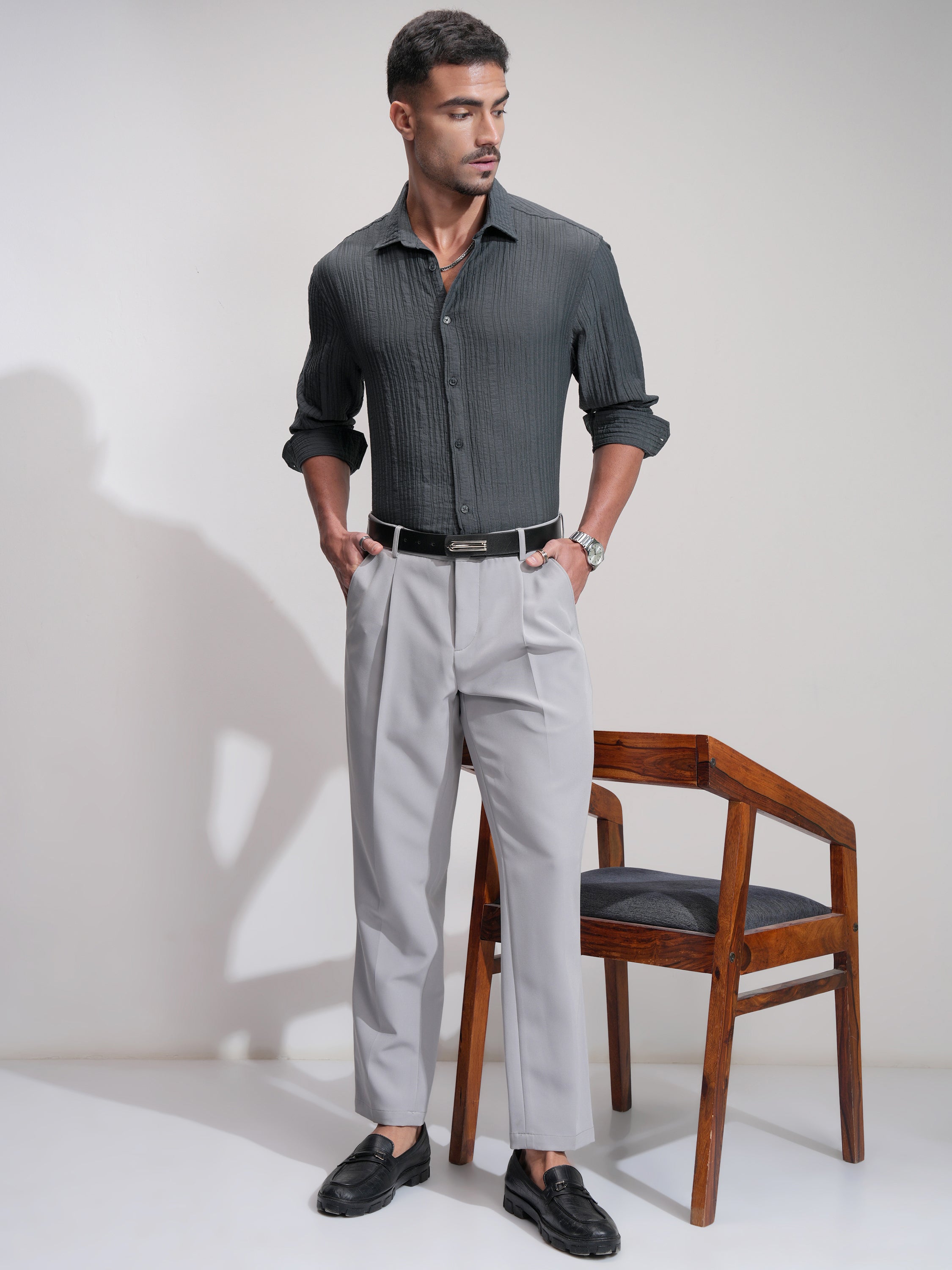 Highlander Men Grey Self Design Relaxed Fit Casual Shirt - Grey - Image 2