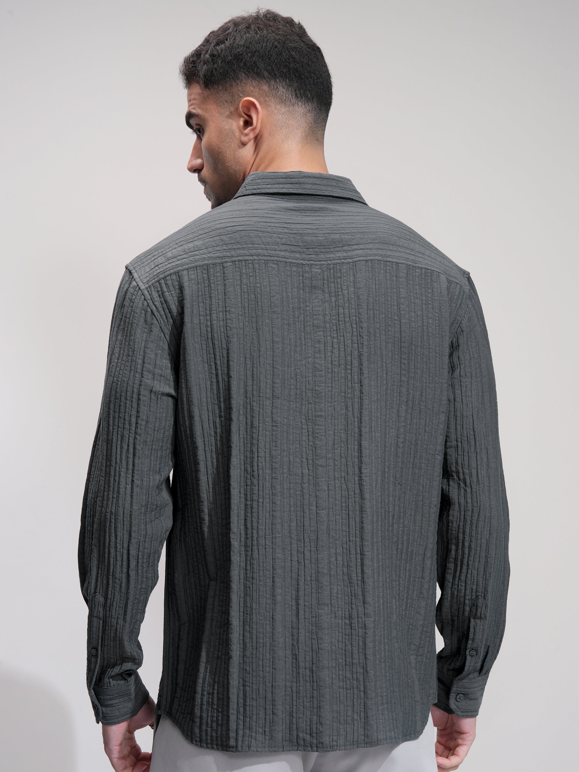 Highlander Men Grey Self Design Relaxed Fit Casual Shirt - Grey - Image 3