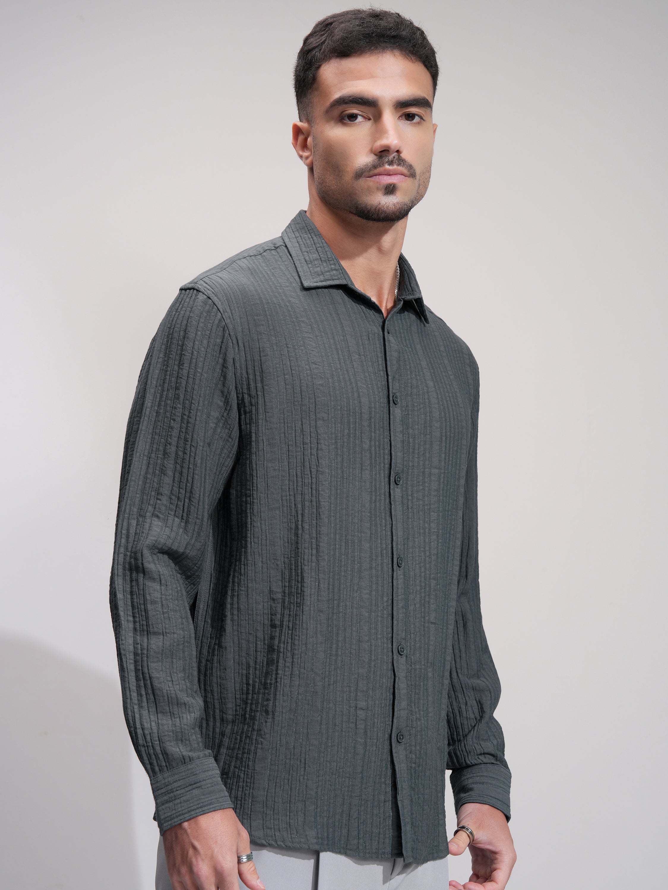 Highlander Men Grey Self Design Relaxed Fit Casual Shirt - Grey - Image 6