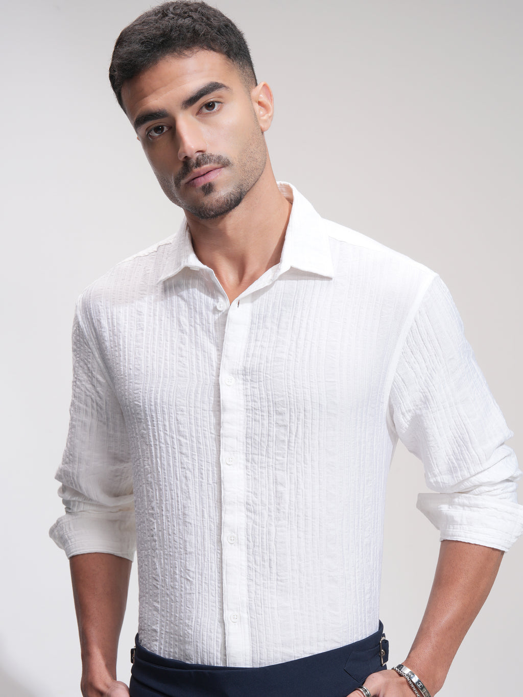 Highlander Men White Self Design Relaxed Fit Casual Shirt - White - Image 1