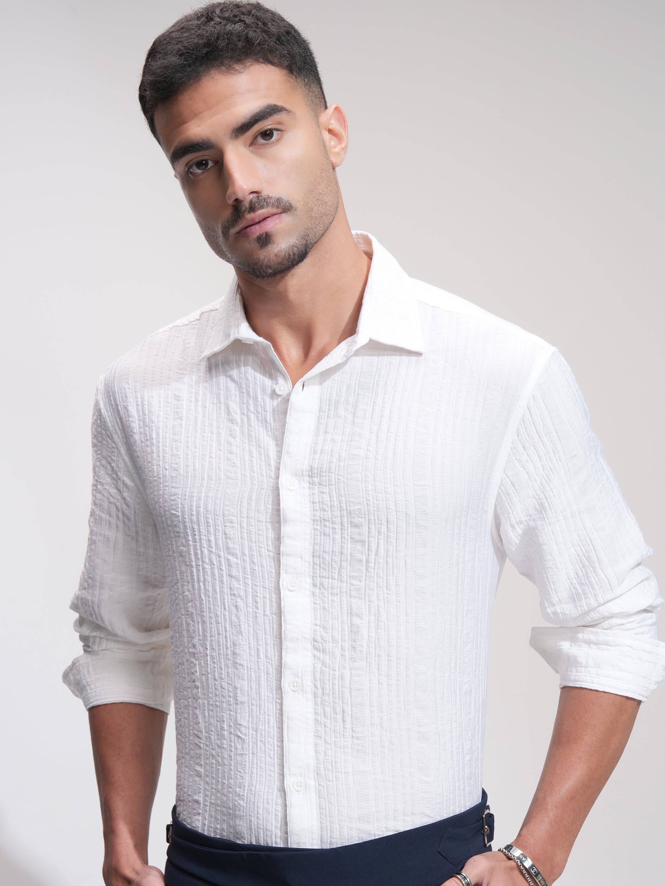 Highlander Men White Self Design Relaxed Fit Casual Shirt - White - Image 1