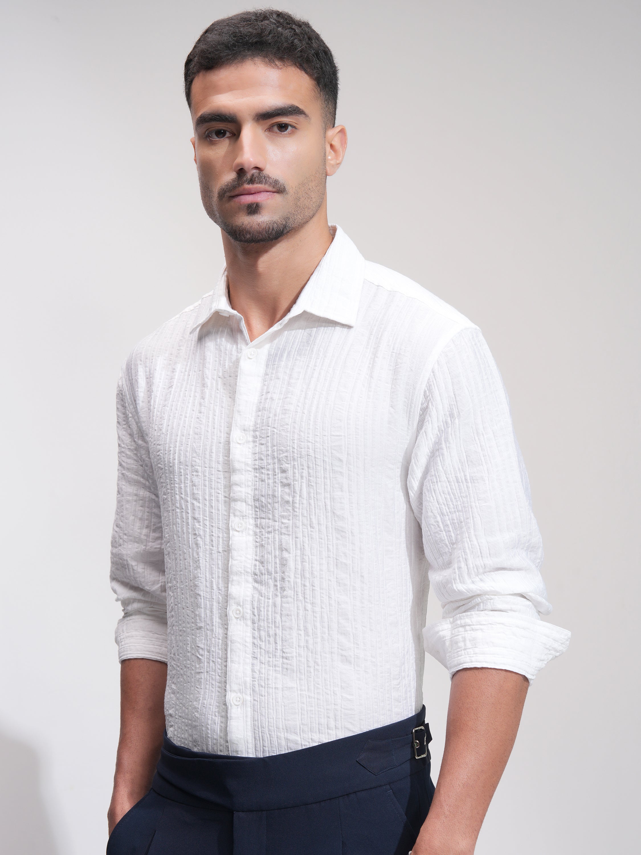 Highlander Men White Self Design Relaxed Fit Casual Shirt - White - Image 4