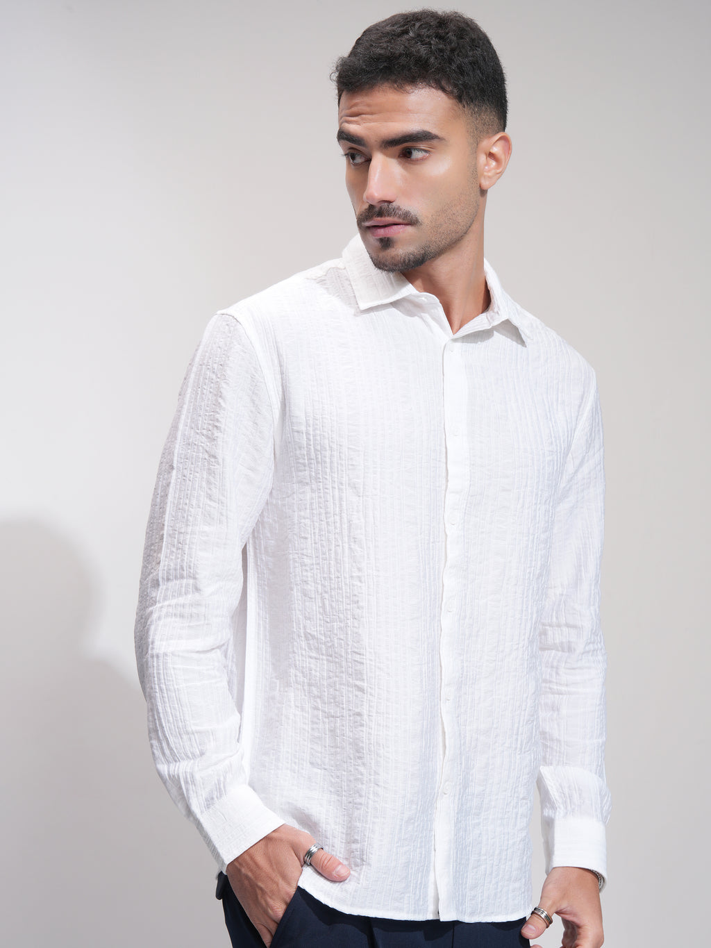Highlander Men White Self Design Relaxed Fit Casual Shirt - White - Image 6