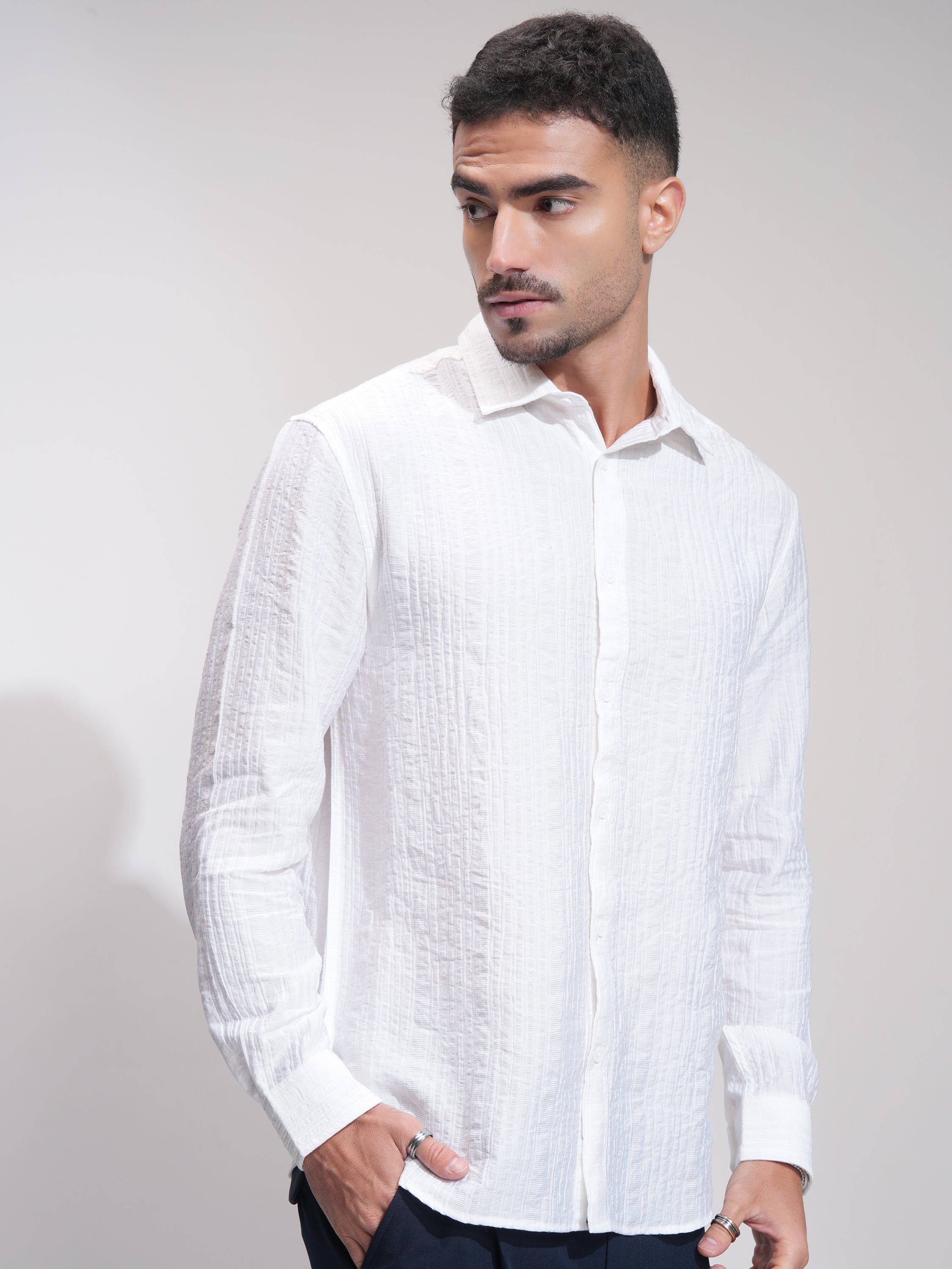 Highlander Men White Self Design Relaxed Fit Casual Shirt - White - Image 6