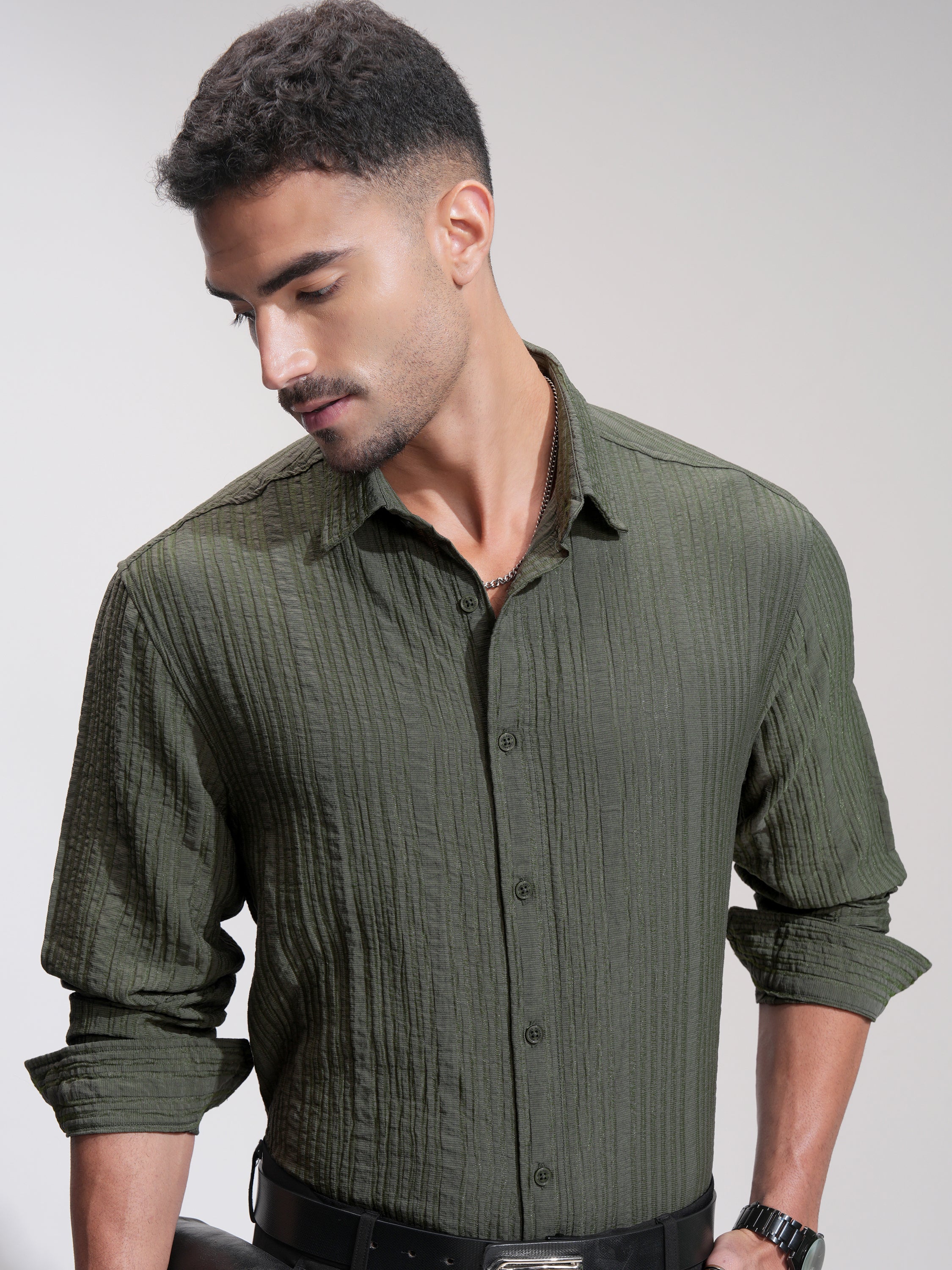 Highlander Men Olive Textured Relaxed Fit Casual Shirt - Olive - Image 1