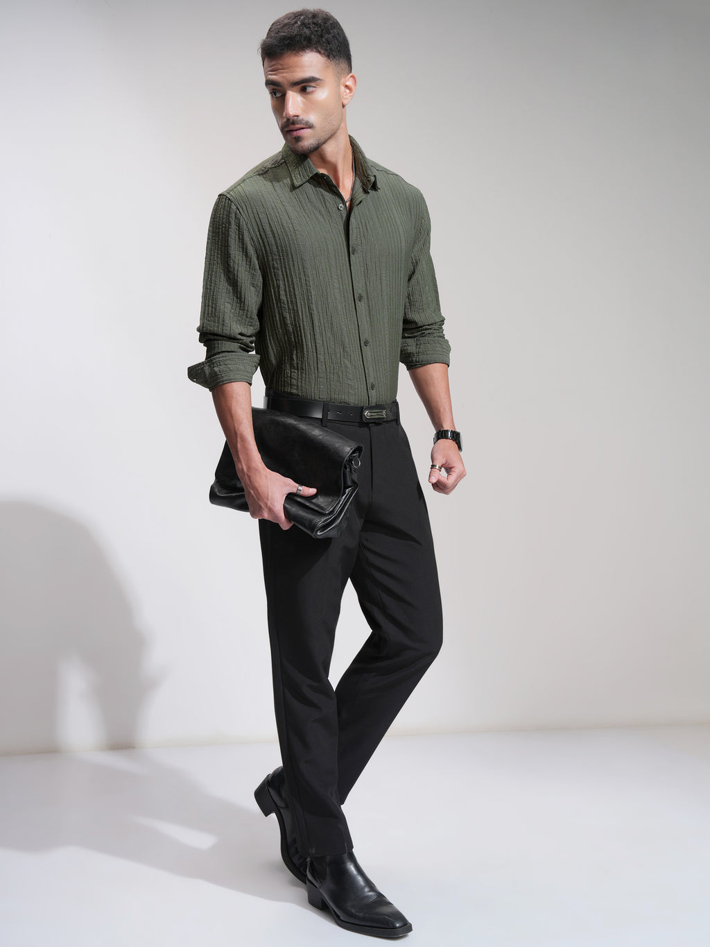 Highlander Men Olive Textured Relaxed Fit Casual Shirt - Olive - Image 2