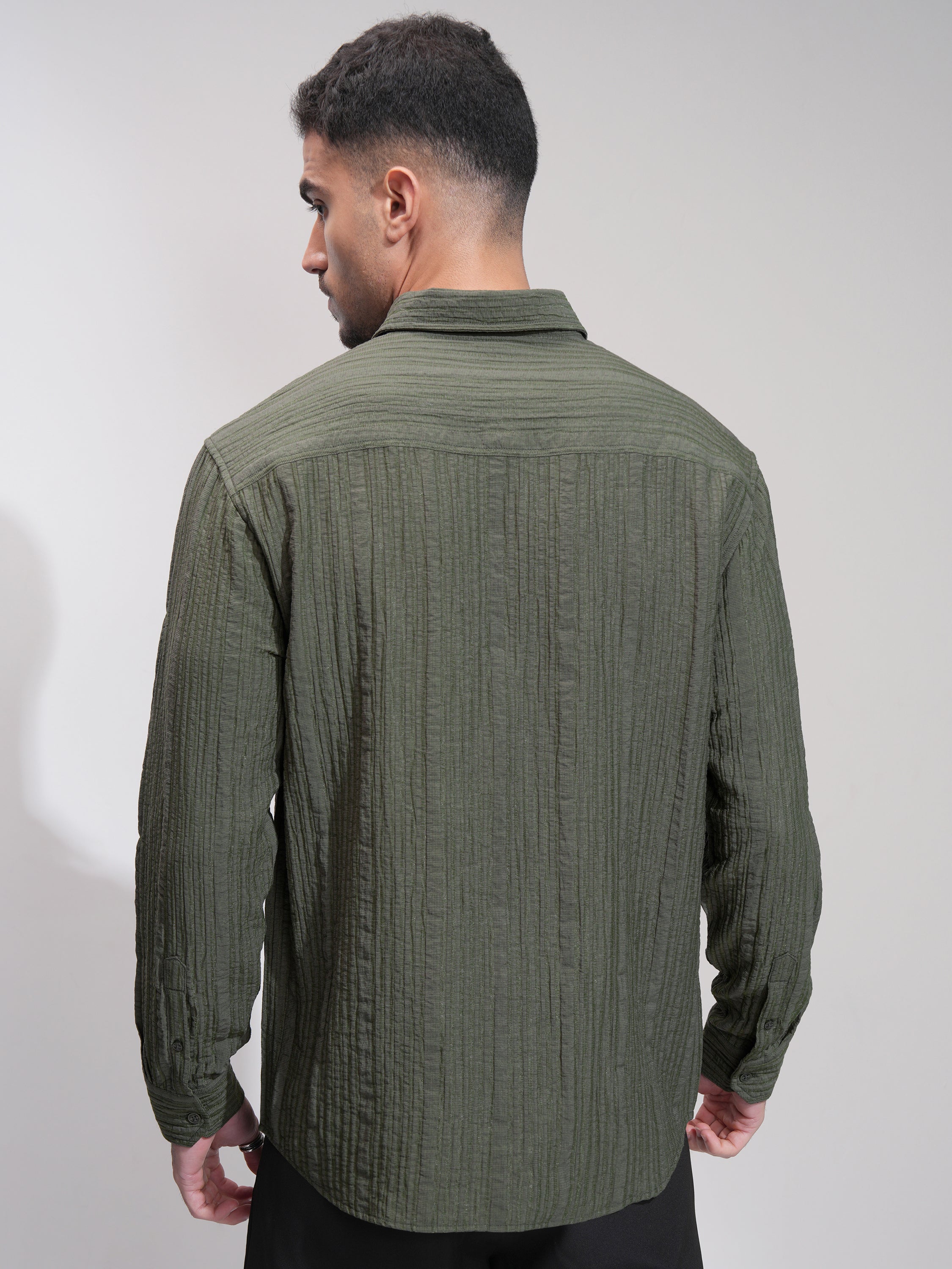Highlander Men Olive Textured Relaxed Fit Casual Shirt - Olive - Image 3
