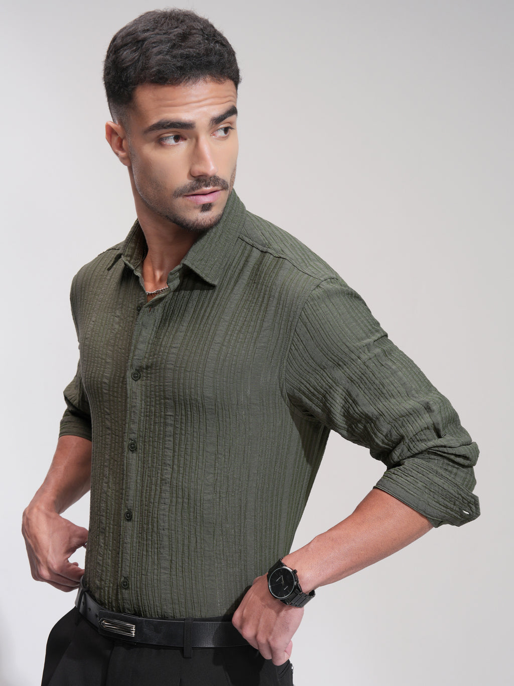 Highlander Men Olive Textured Relaxed Fit Casual Shirt - Olive - Image 4