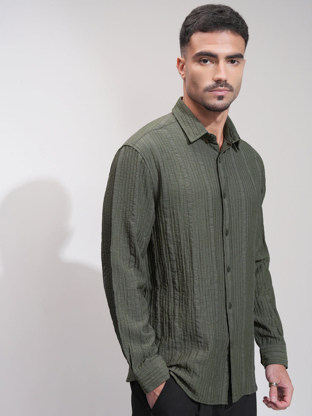 Highlander Men Olive Textured Relaxed Fit Casual Shirt - Olive - Image 6