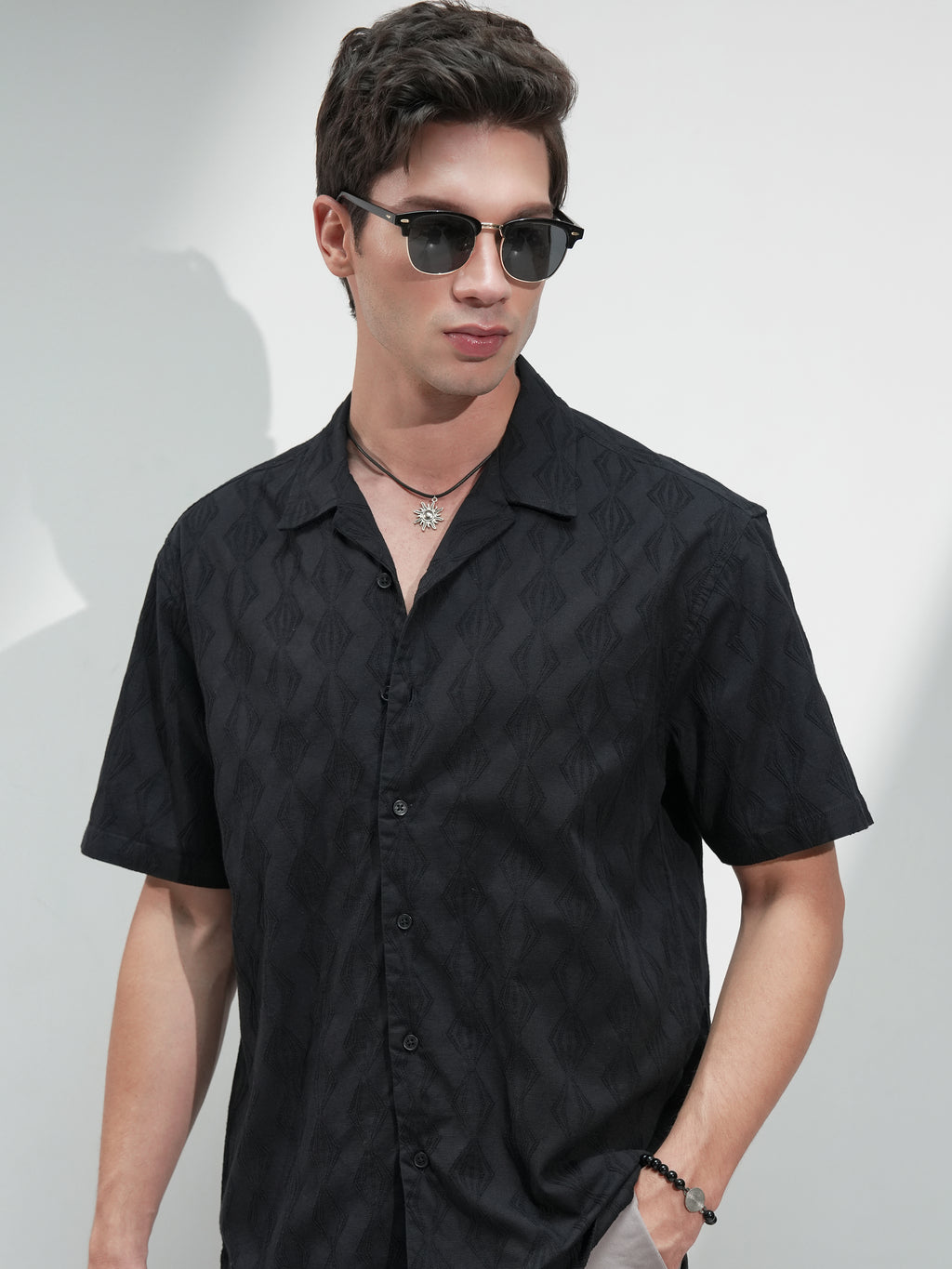 Highlander Men Black Textured Relaxed Fit Casual Shirt - Black - Image 1