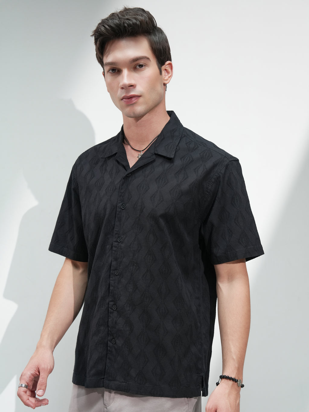 Highlander Men Black Textured Relaxed Fit Casual Shirt - Black - Image 4