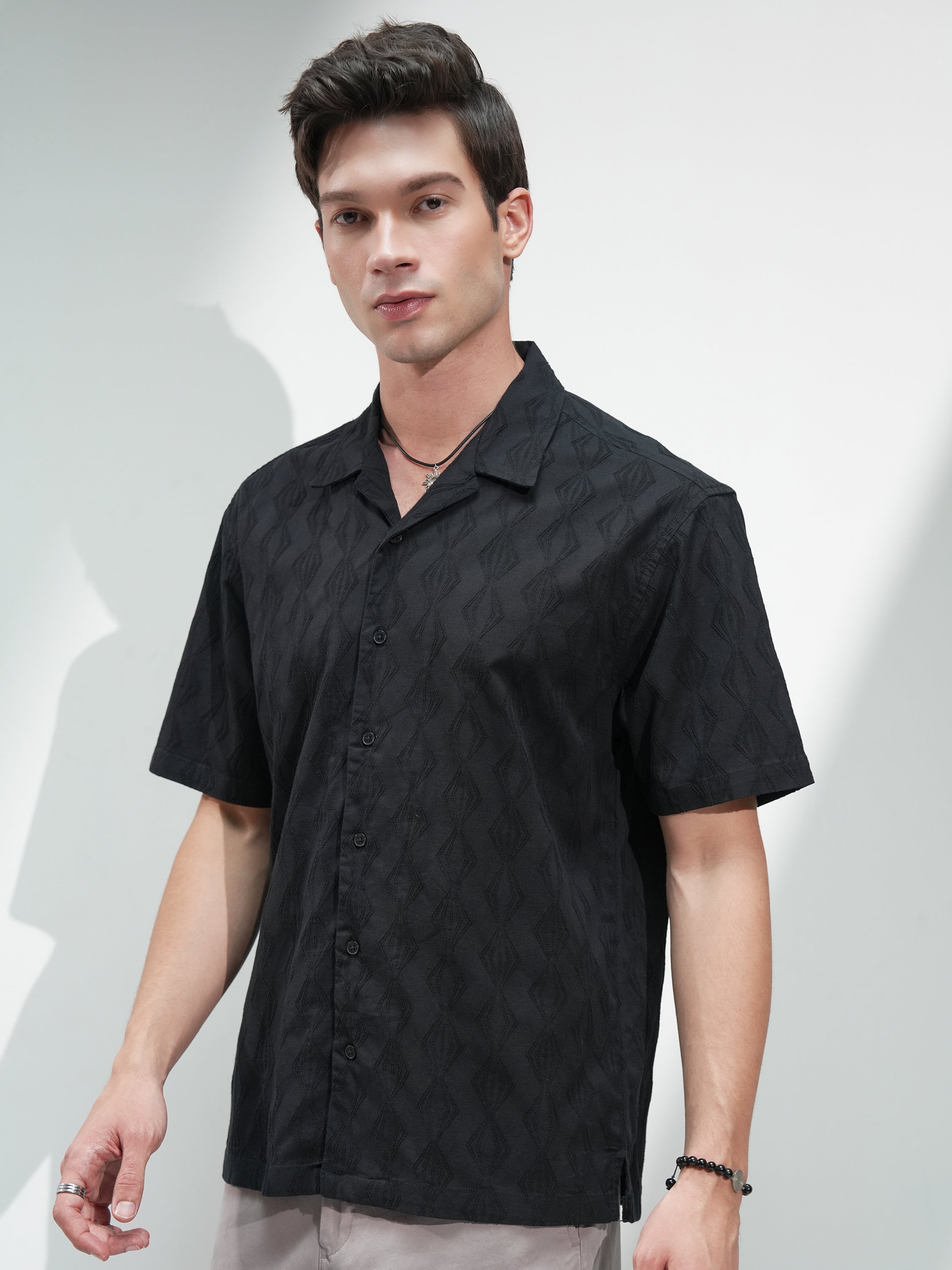 Highlander Men Black Textured Relaxed Fit Casual Shirt - Black - Image 4
