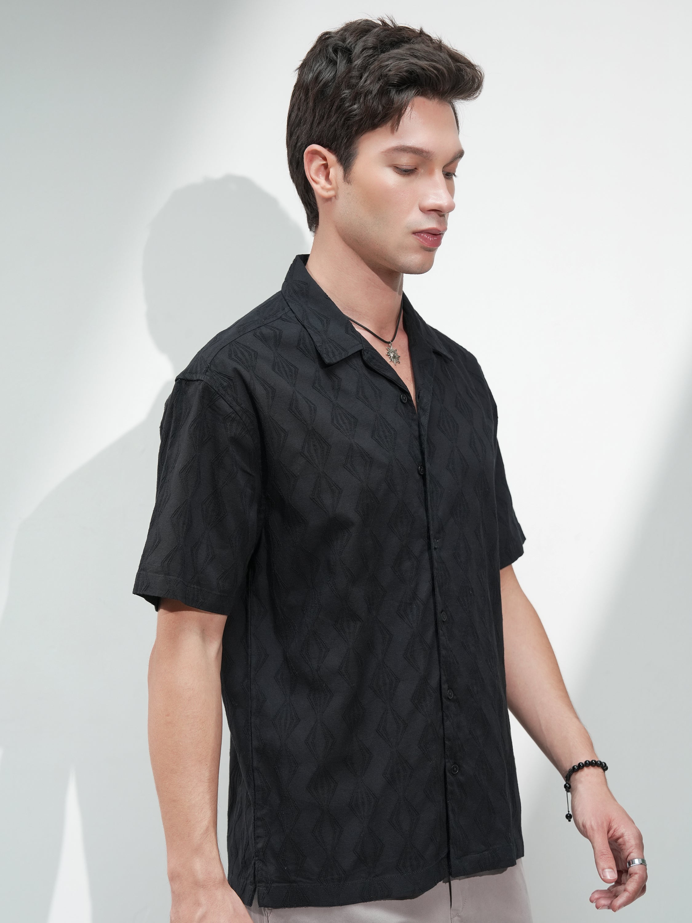Highlander Men Black Textured Relaxed Fit Casual Shirt - Black - Image 6
