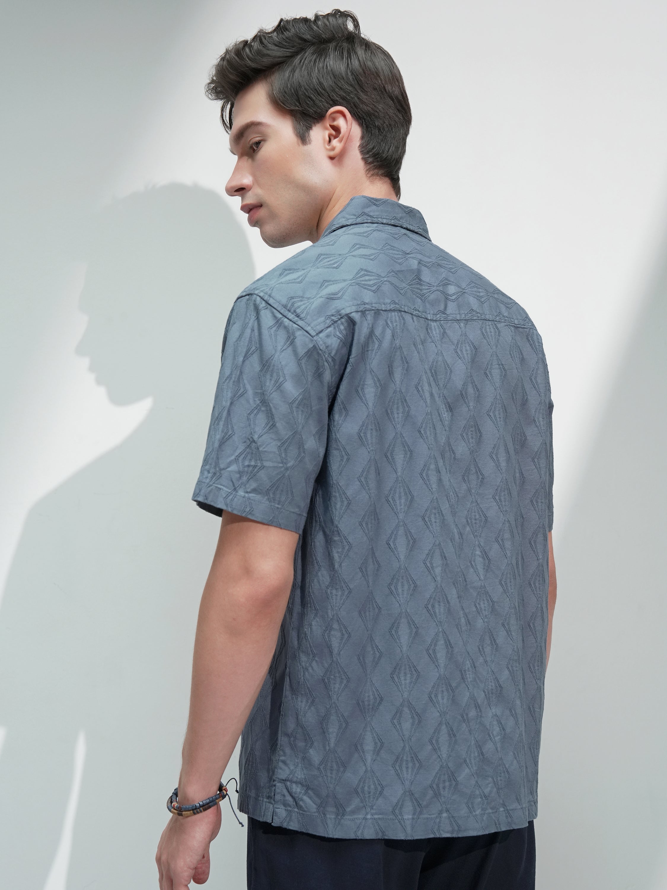 Highlander Men Blue Self Design Relaxed Fit Casual Shirt - Blue - Image 3