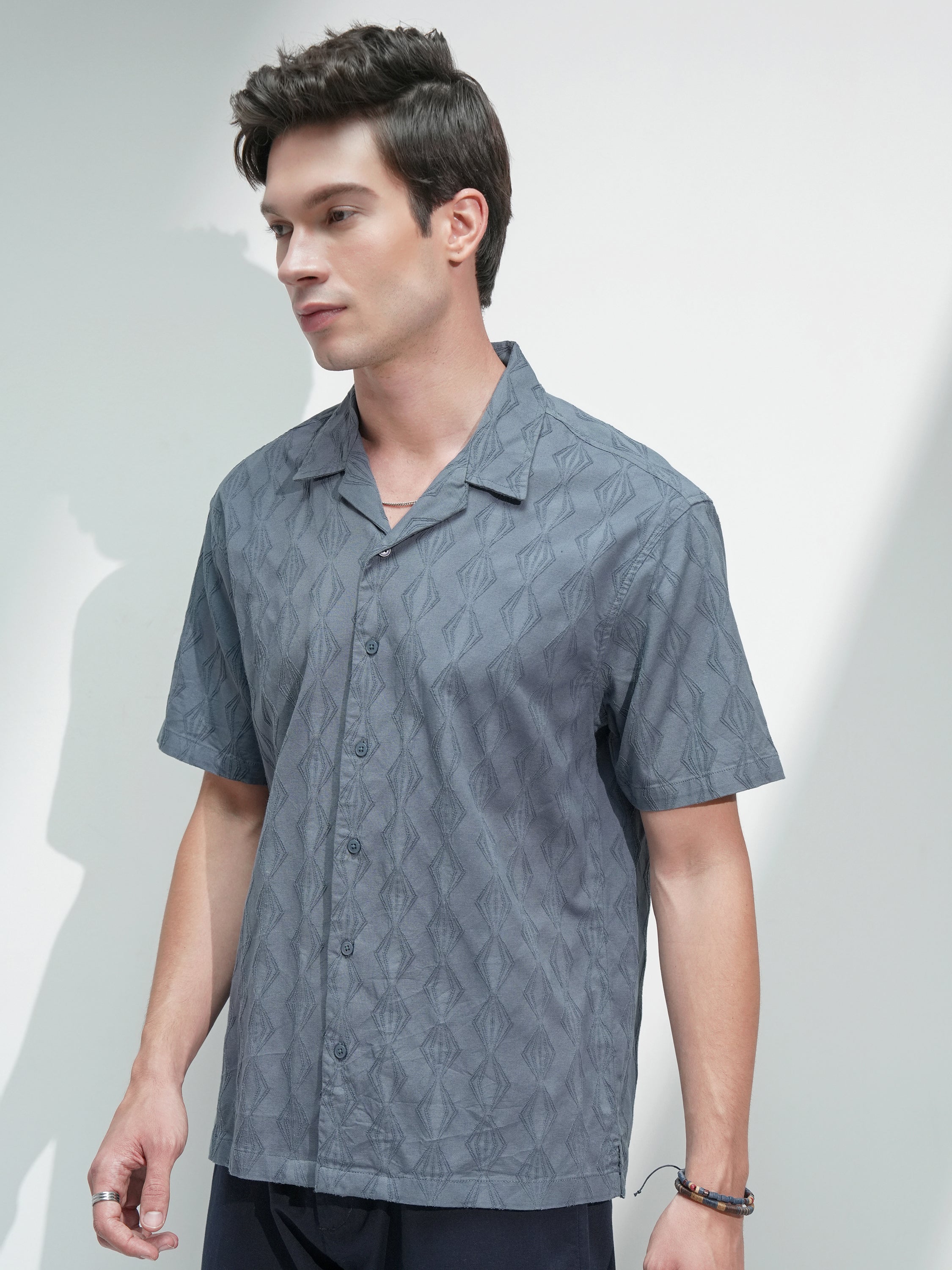 Highlander Men Blue Self Design Relaxed Fit Casual Shirt - Blue - Image 4
