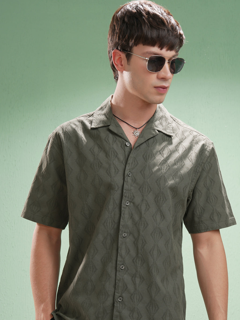 Highlander Men Green Self Design Relaxed Fit Casual Shirt - Green - Image 1