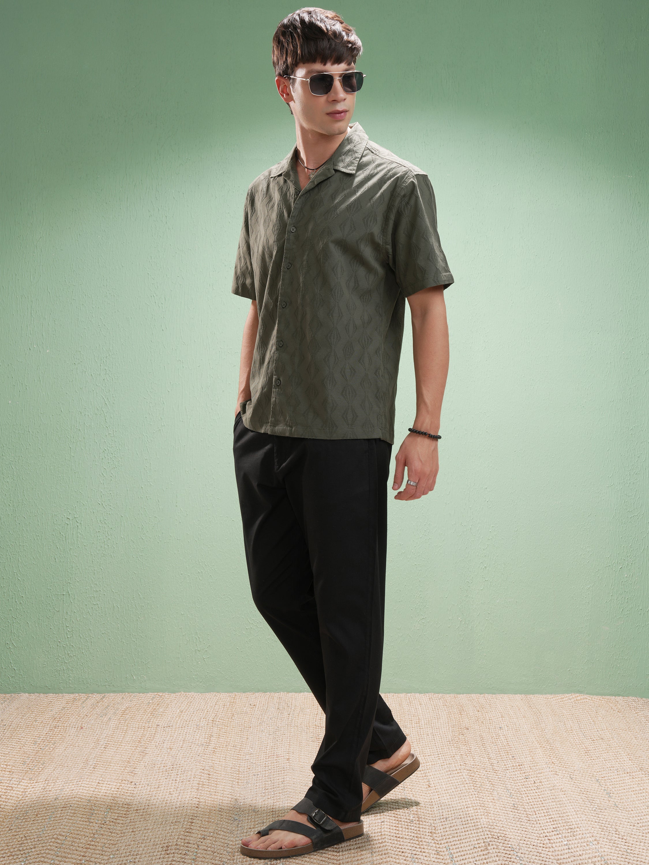 Highlander Men Green Self Design Relaxed Fit Casual Shirt - Green - Image 2