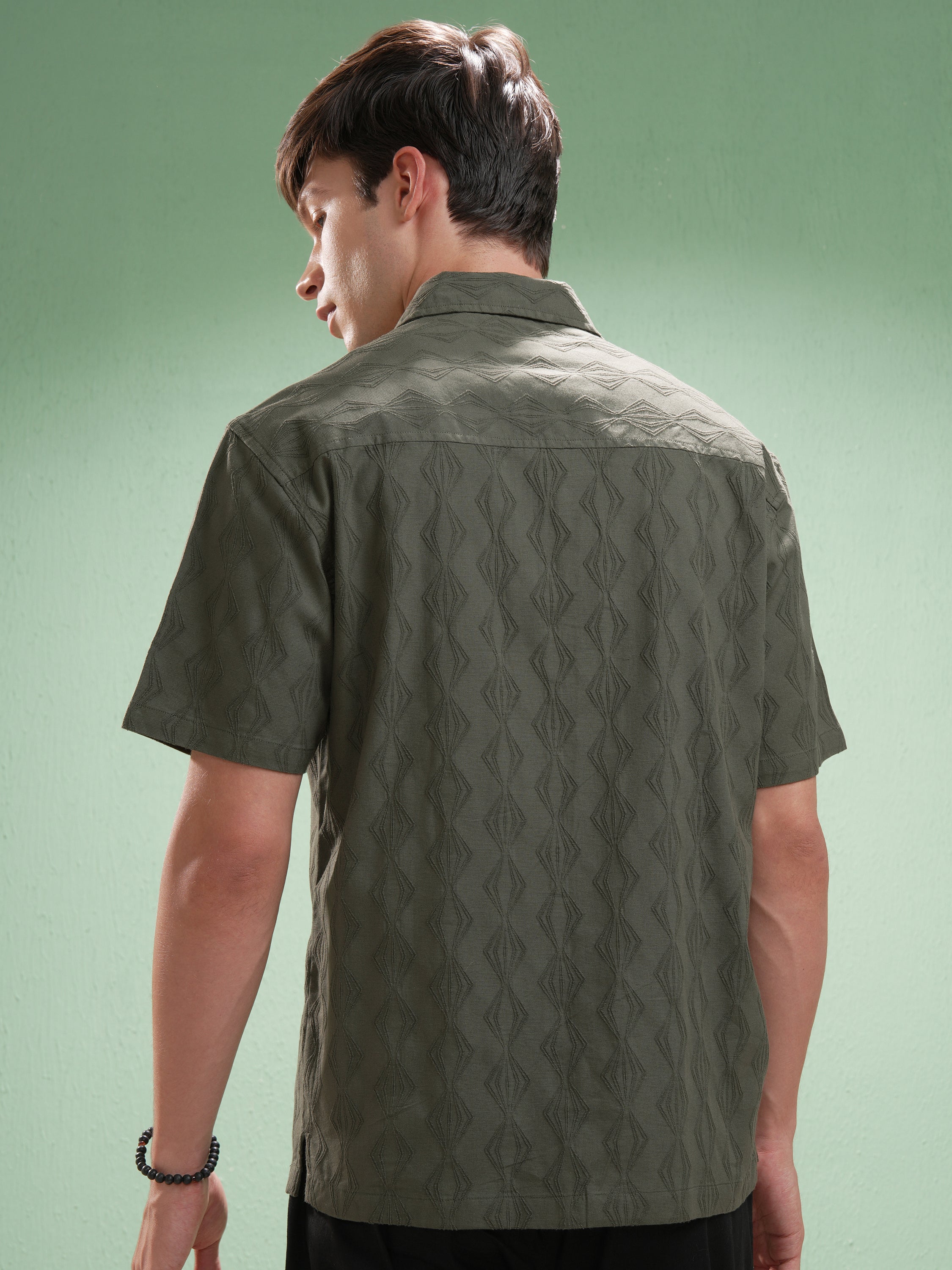 Highlander Men Green Self Design Relaxed Fit Casual Shirt - Green - Image 3