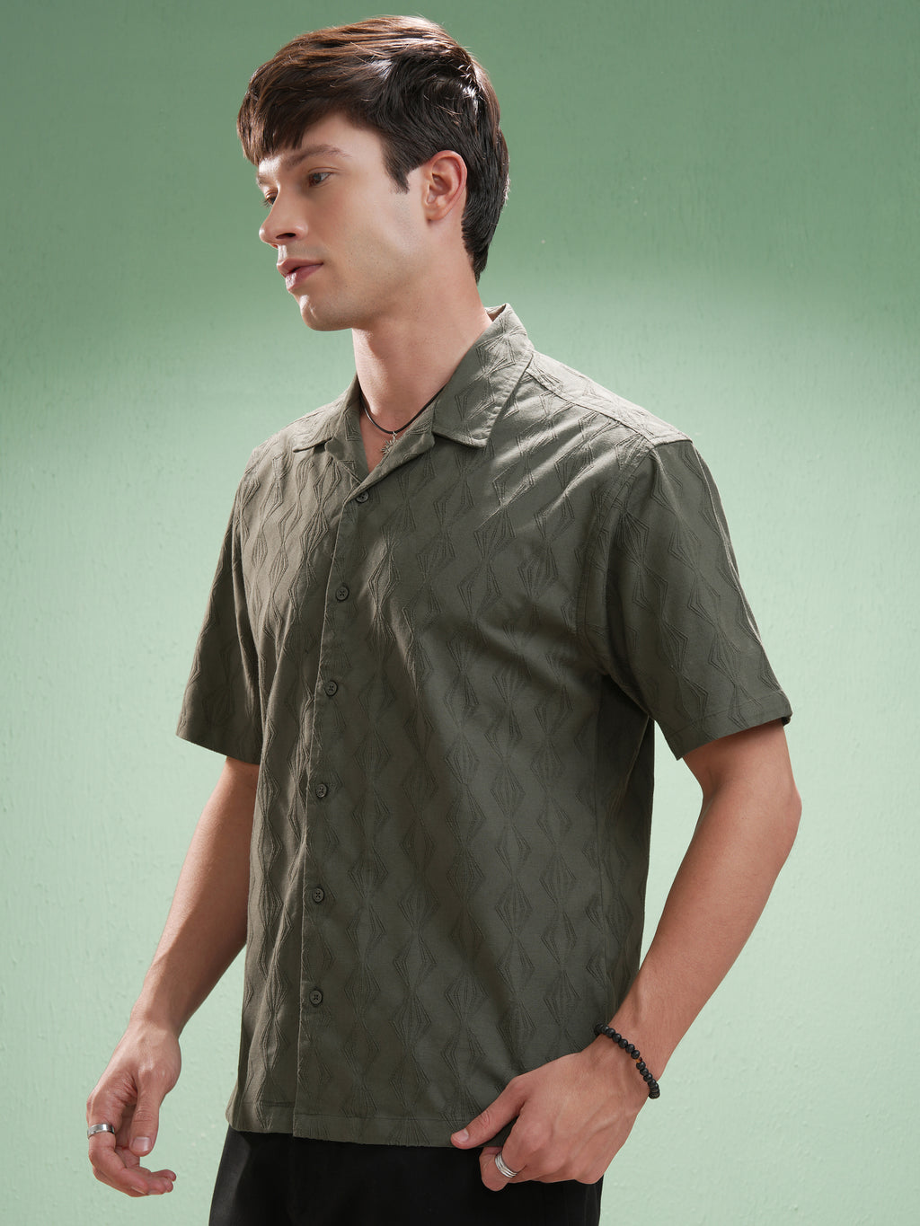 Highlander Men Green Self Design Relaxed Fit Casual Shirt - Green - Image 4