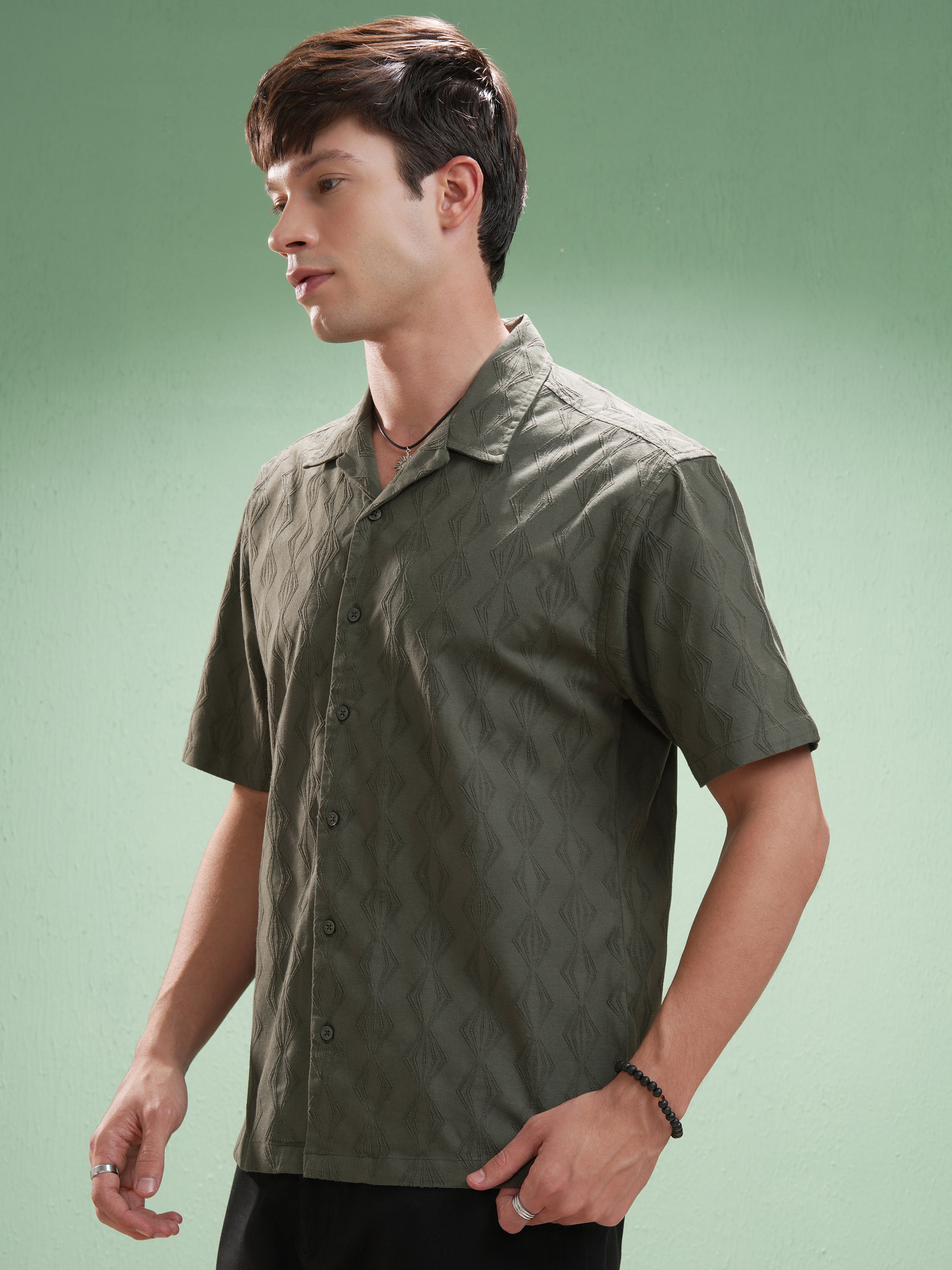 Highlander Men Green Self Design Relaxed Fit Casual Shirt - Green - Image 4