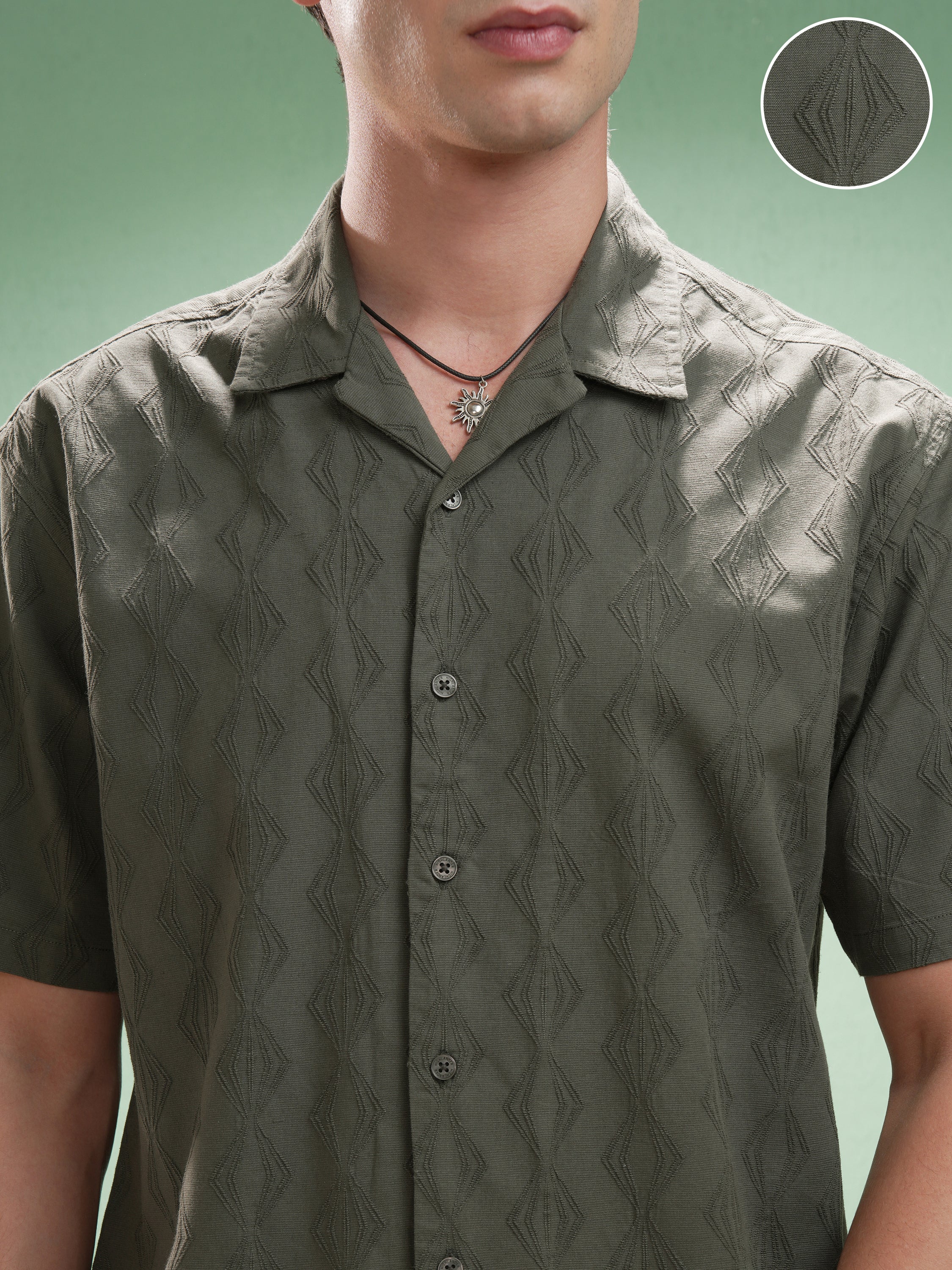 Highlander Men Green Self Design Relaxed Fit Casual Shirt - Green - Image 5