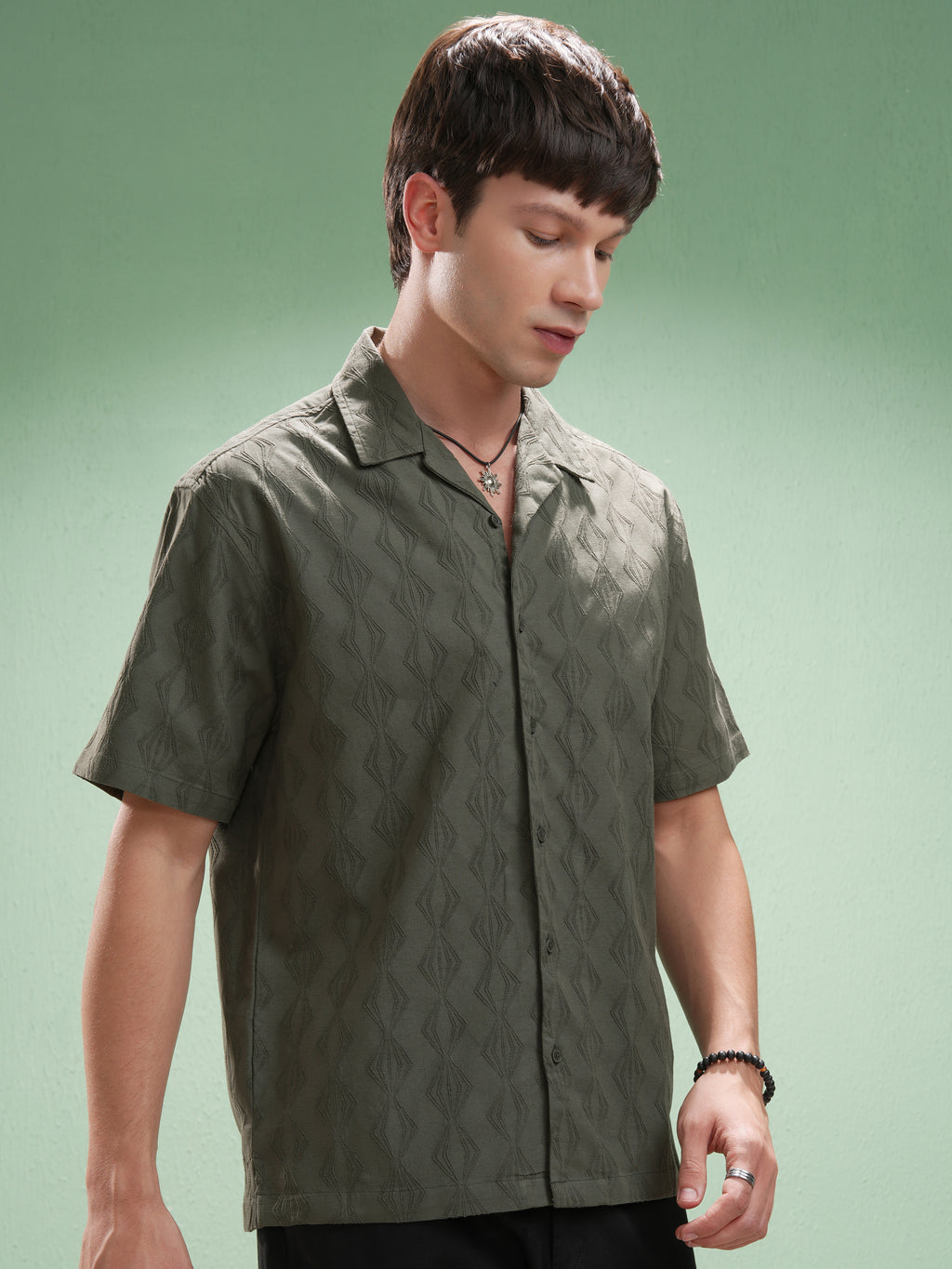 Highlander Men Green Self Design Relaxed Fit Casual Shirt - Green - Image 6