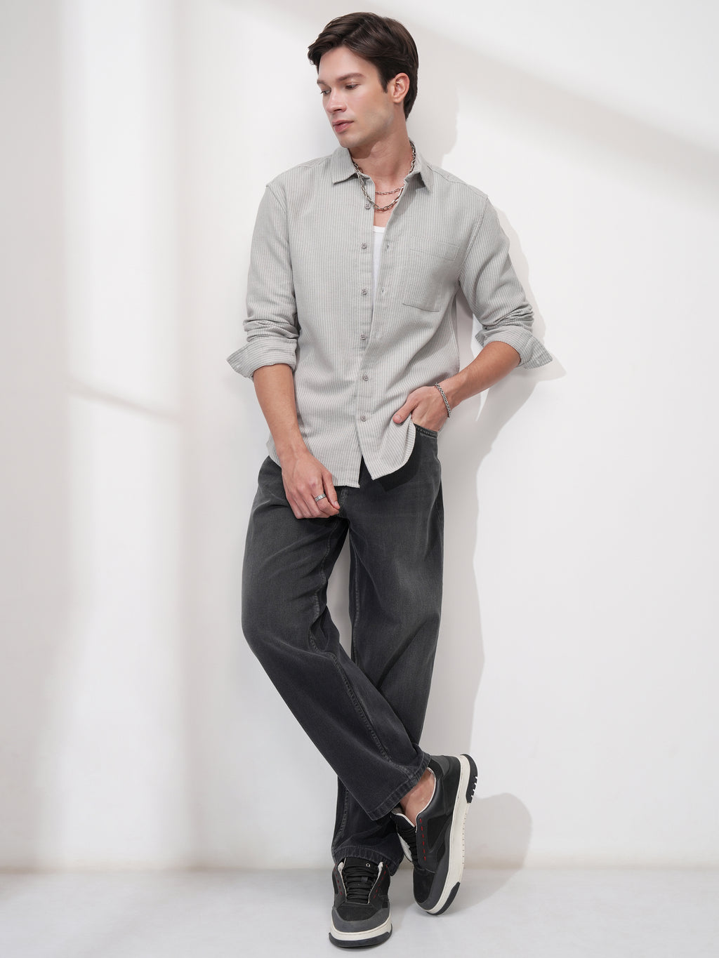 Highlander Men Grey Striped Slim Fit Casual Shirt - Grey - Image 2