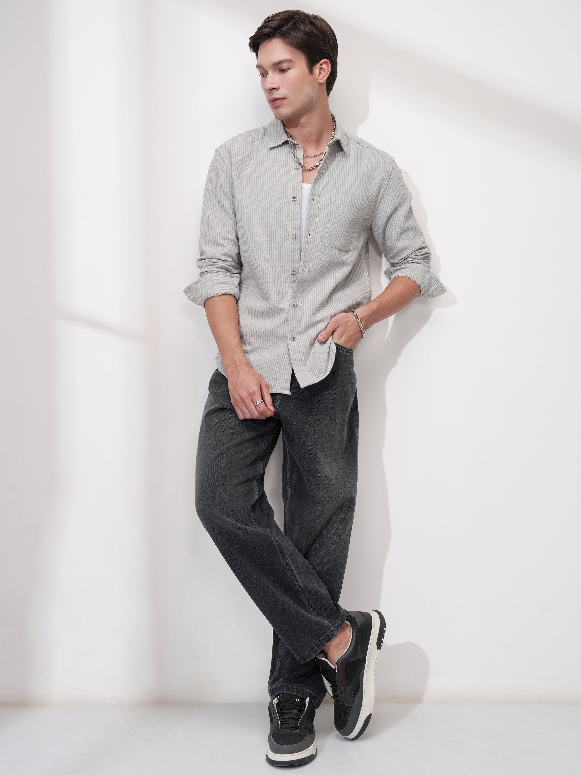 Highlander Men Grey Striped Slim Fit Casual Shirt - Grey - Image 2