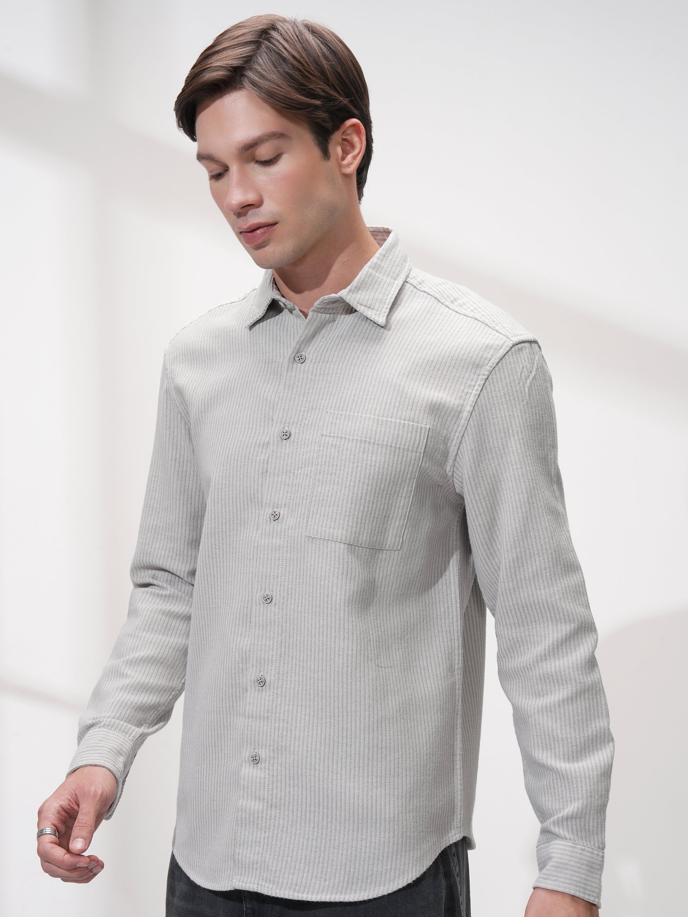 Highlander Men Grey Striped Slim Fit Casual Shirt - Grey - Image 4
