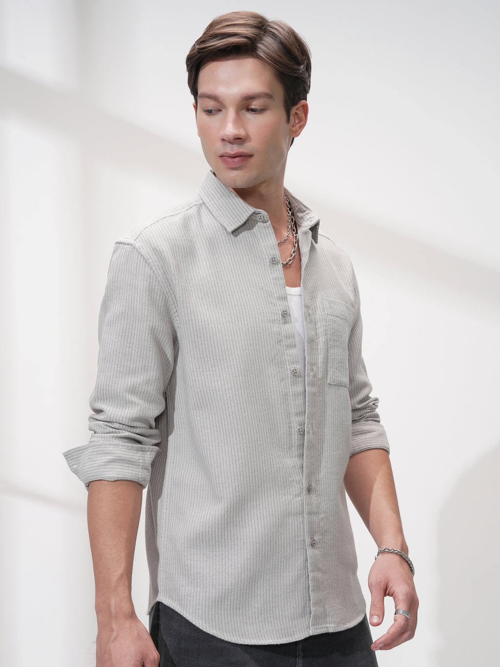 Highlander Men Grey Striped Slim Fit Casual Shirt - Grey - Image 6