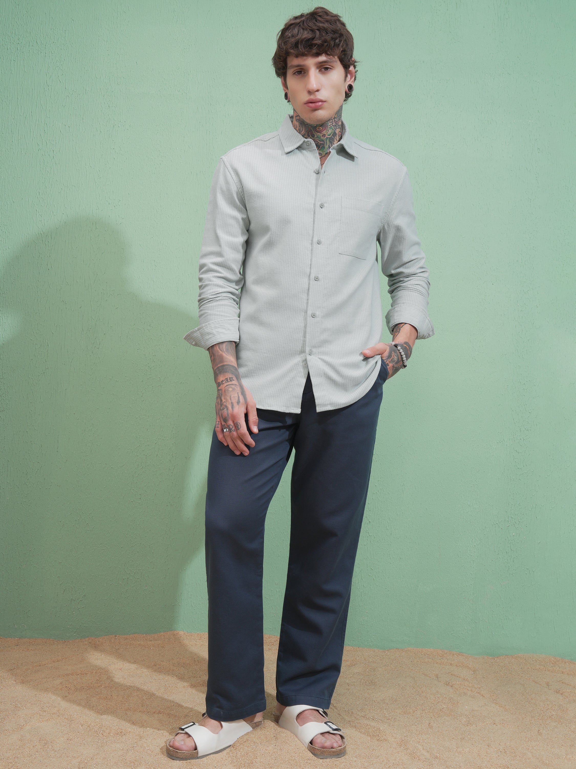 Highlander Men Green Striped Slim Fit Casual Shirt - Green - Image 2