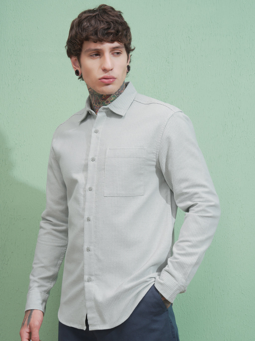 Highlander Men Green Striped Slim Fit Casual Shirt - Green - Image 4