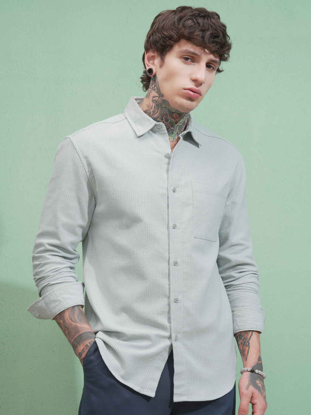 Highlander Men Green Striped Slim Fit Casual Shirt - Green - Image 6