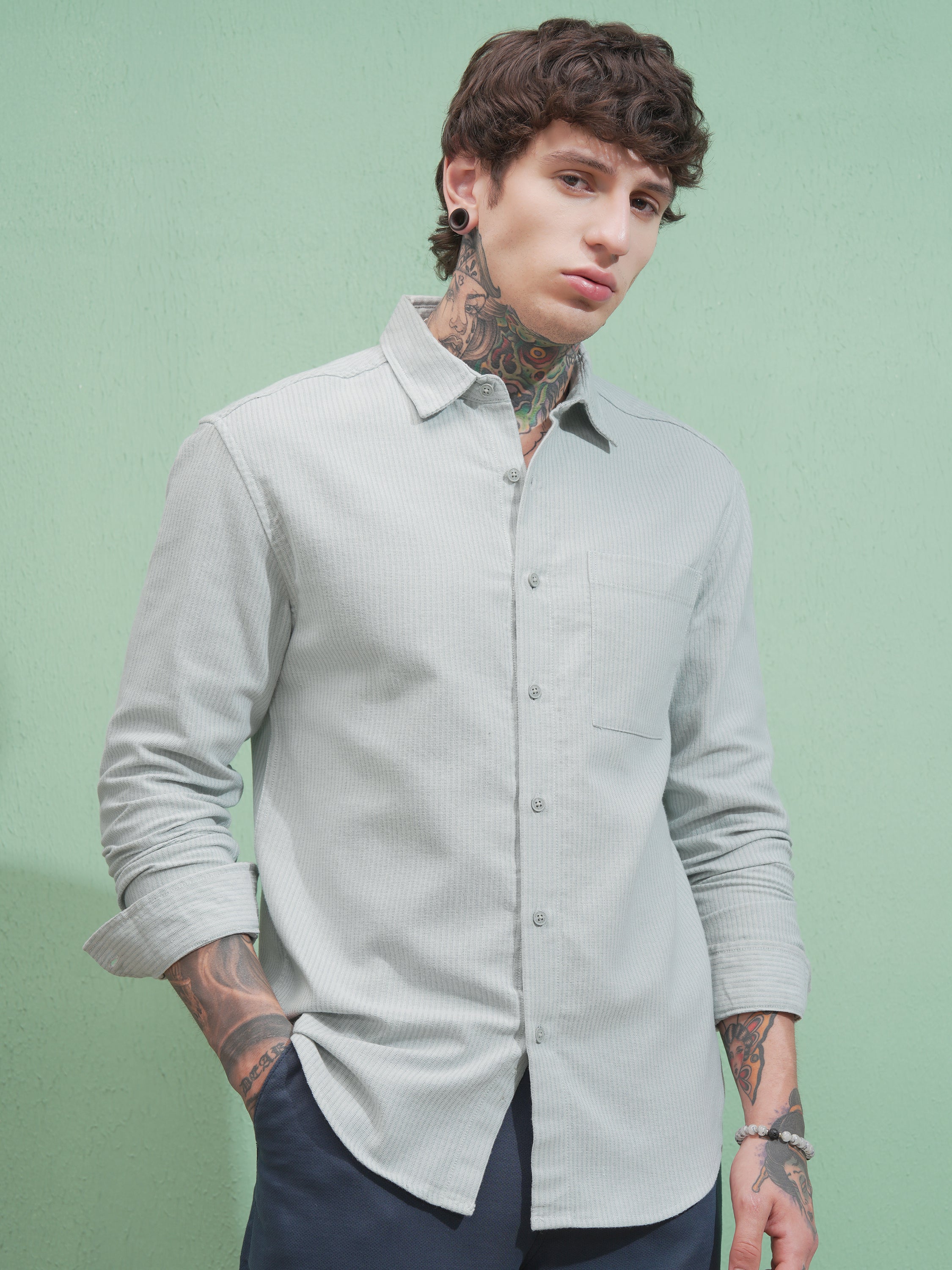 Highlander Men Green Striped Slim Fit Casual Shirt - Green - Image 6