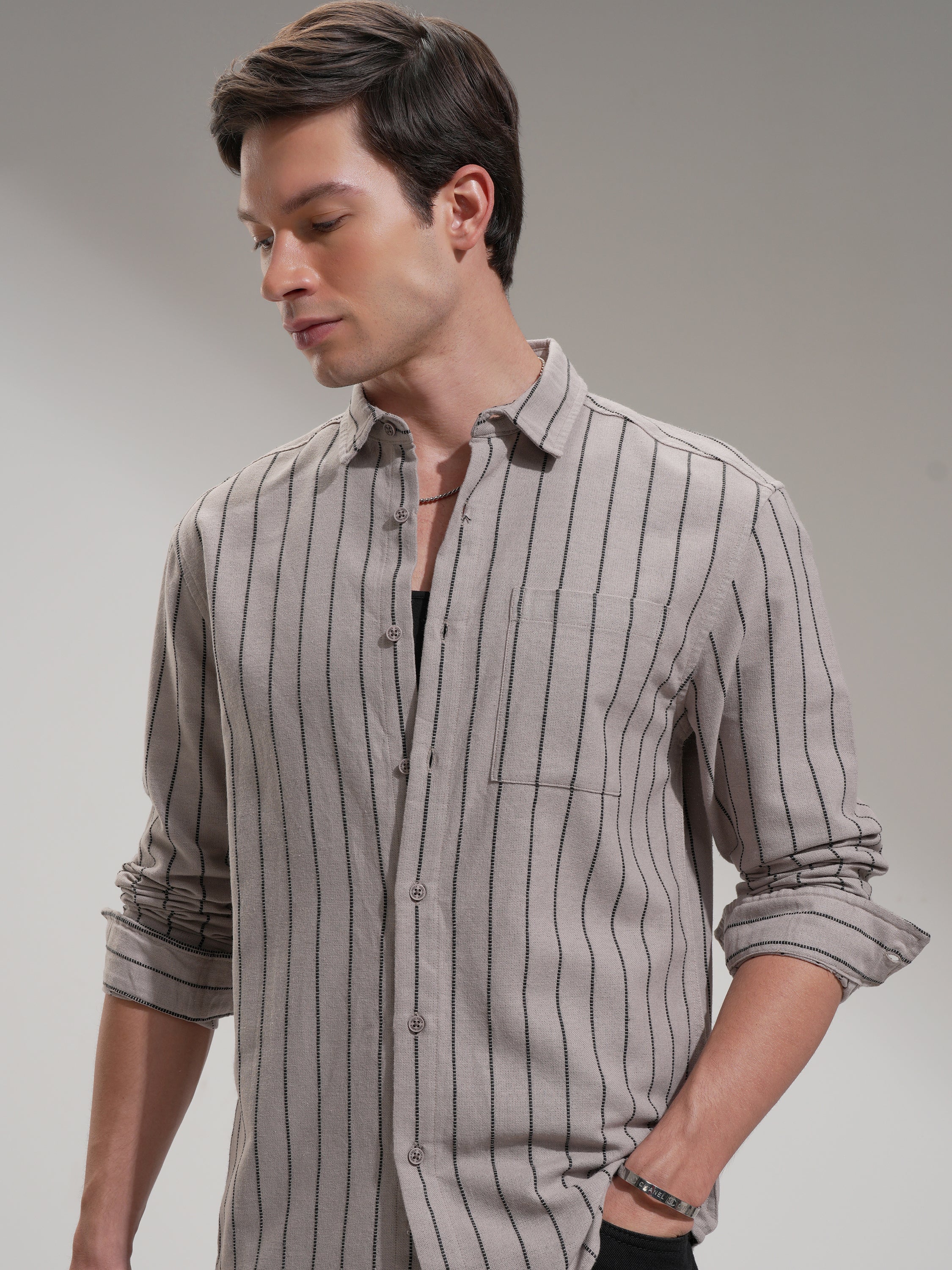 Highlander Men Beige Striped Slim Fit Casual Shirt - Beige - Image 1